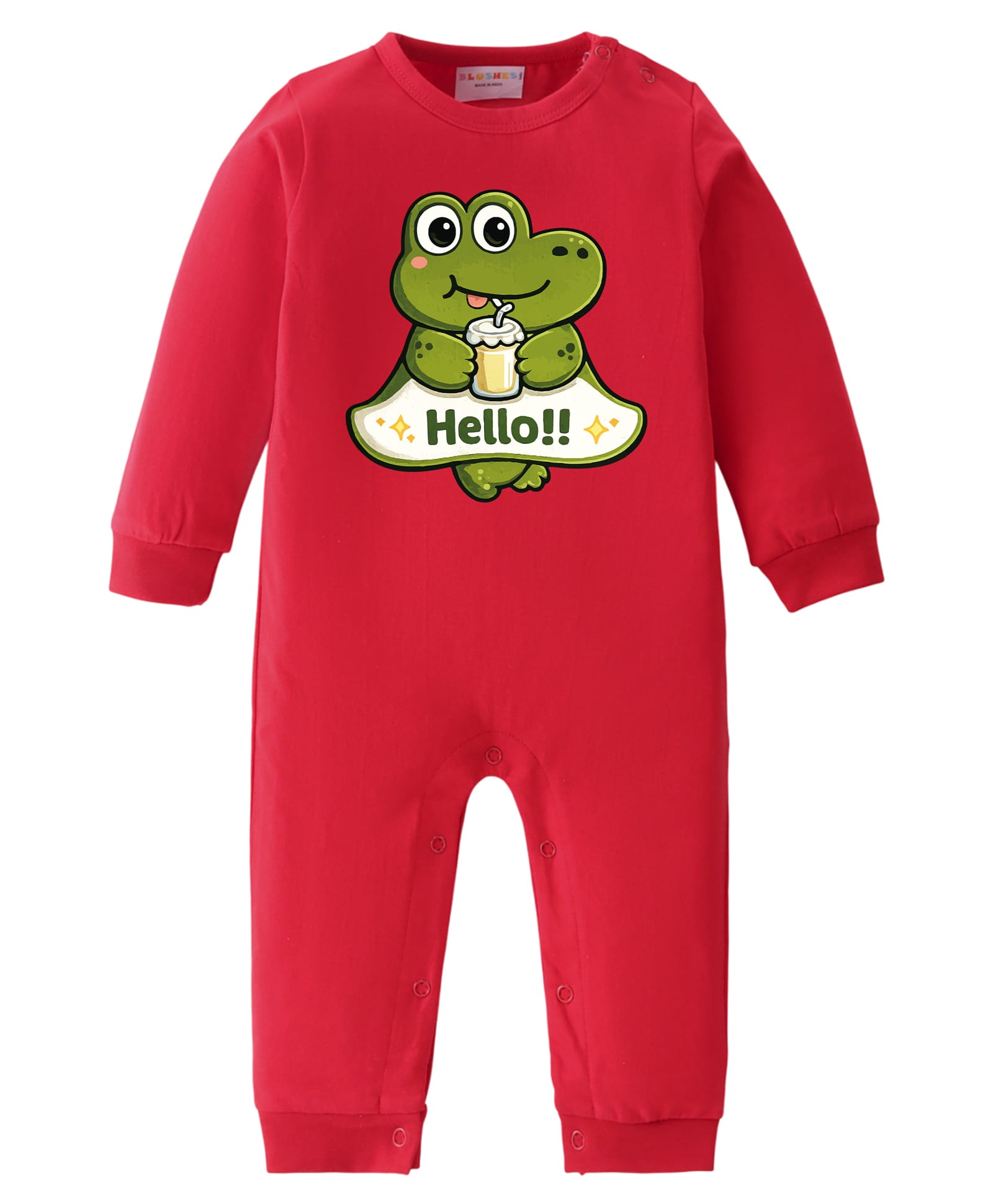 BLUSHES 100% Cotton Knit Full Sleeves Hello Text & Crocodile Printed Romper - Red-image-40