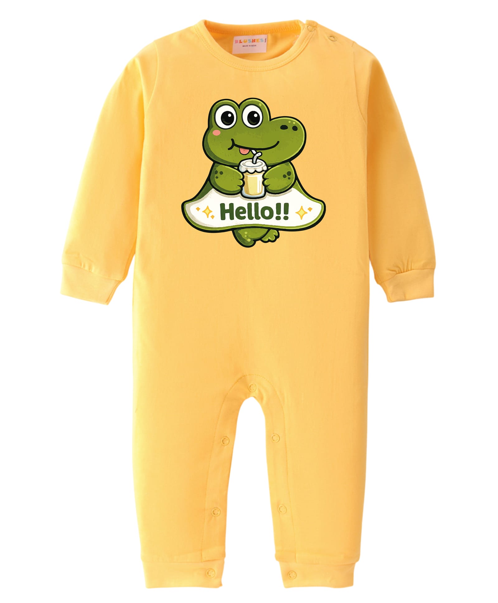 BLUSHES 100% Cotton Knit Full Sleeves Hello Text & Crocodile Printed Romper - Yellow-image-28