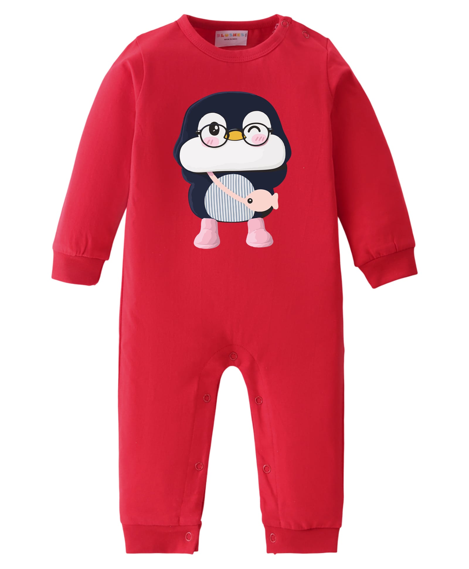 BLUSHES 100% Cotton Knit Full Sleeves Penguin Printed Romper - Red-image-24