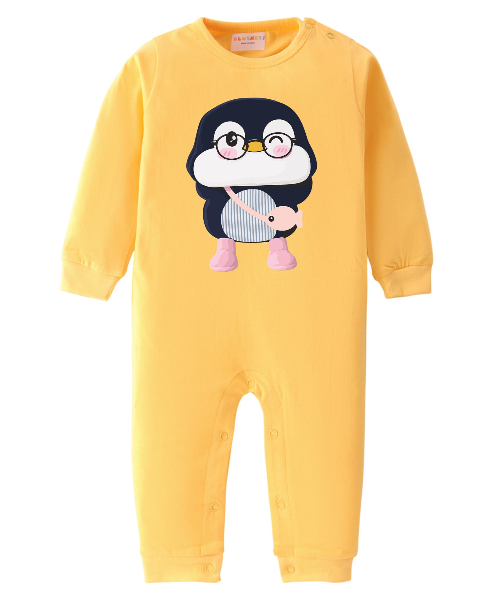 BLUSHES 100% Cotton Knit Full Sleeves Penguin Printed Romper - Yellow-image-19