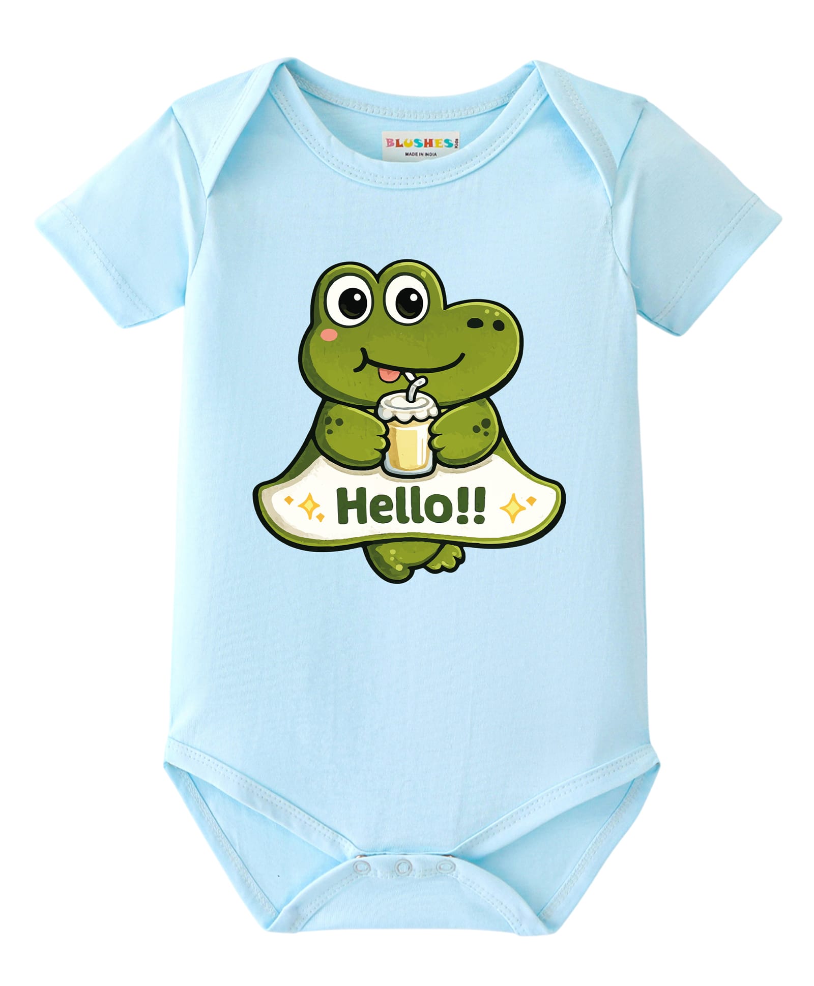 BLUSHES 100% Cotton Knit Half Sleeves Hello Text & Crocodile Printed Onesie - Aqua Blue-picture-20