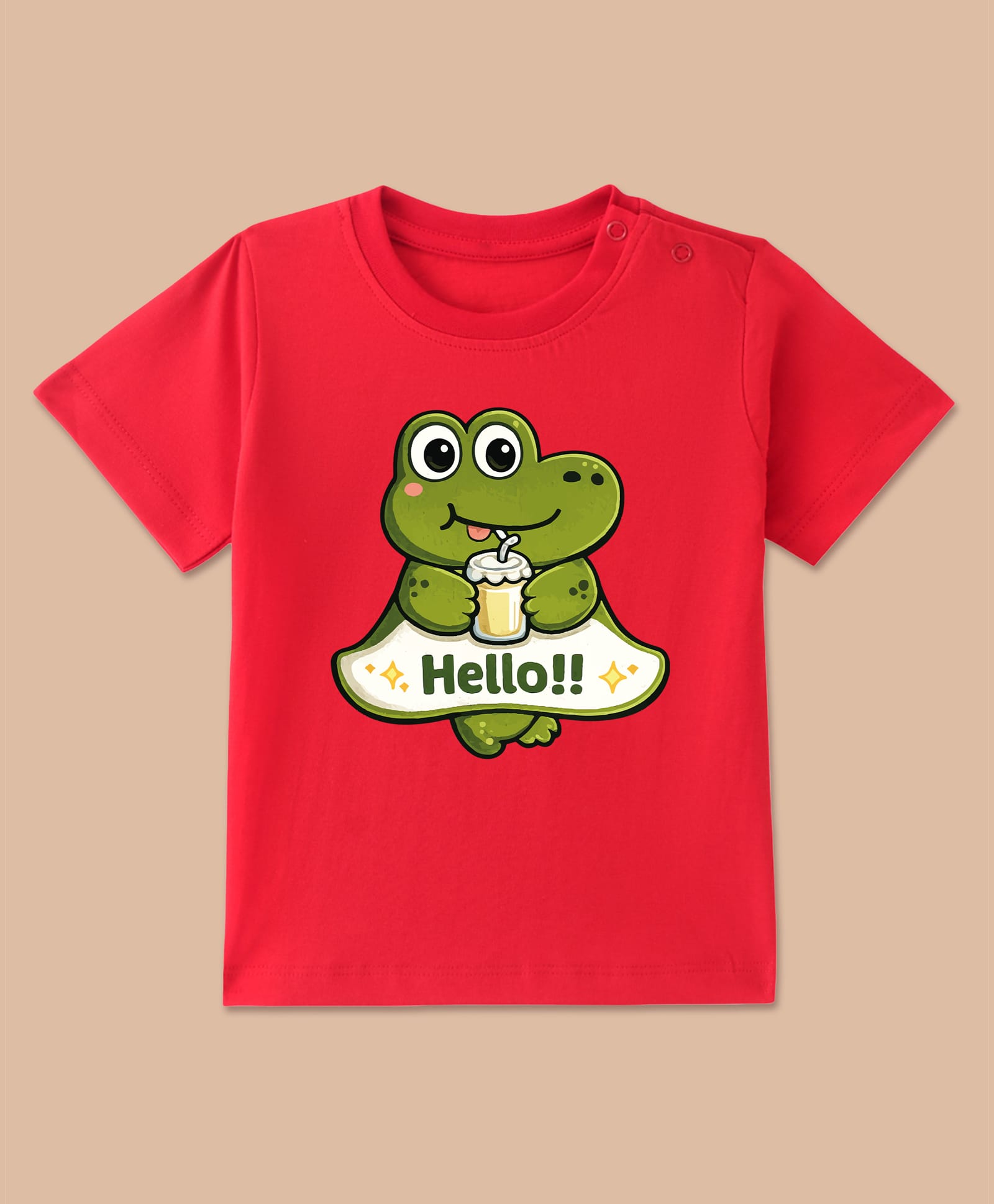 BLUSHES 100% Cotton Knit Half Sleeves Hello Text & Crocodile Printed Tee - Red-picture-49
