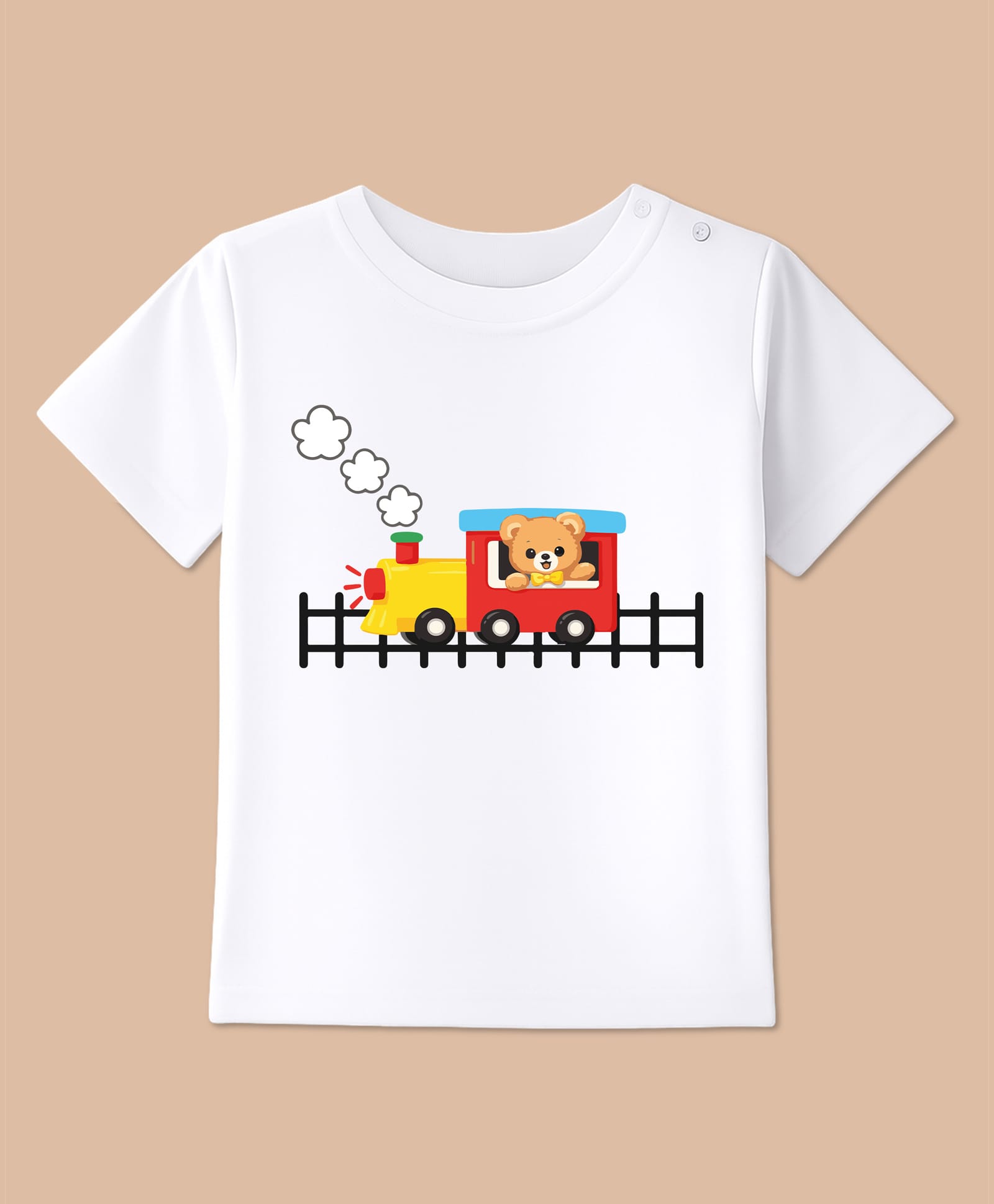 BLUSHES 100% Cotton Knit Half Sleeves Teddy & Train Printed Tee - White-image-27