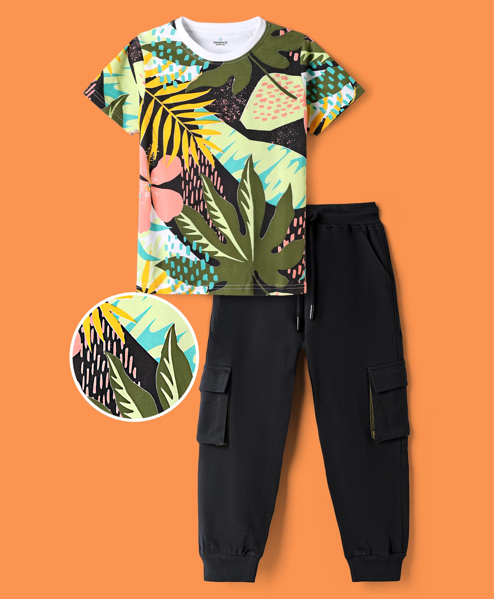 OLLINGTON ST. Cotton Sinker Knit Floral Printed Half Sleeves T-Shirt & Joggers - Black-image-22