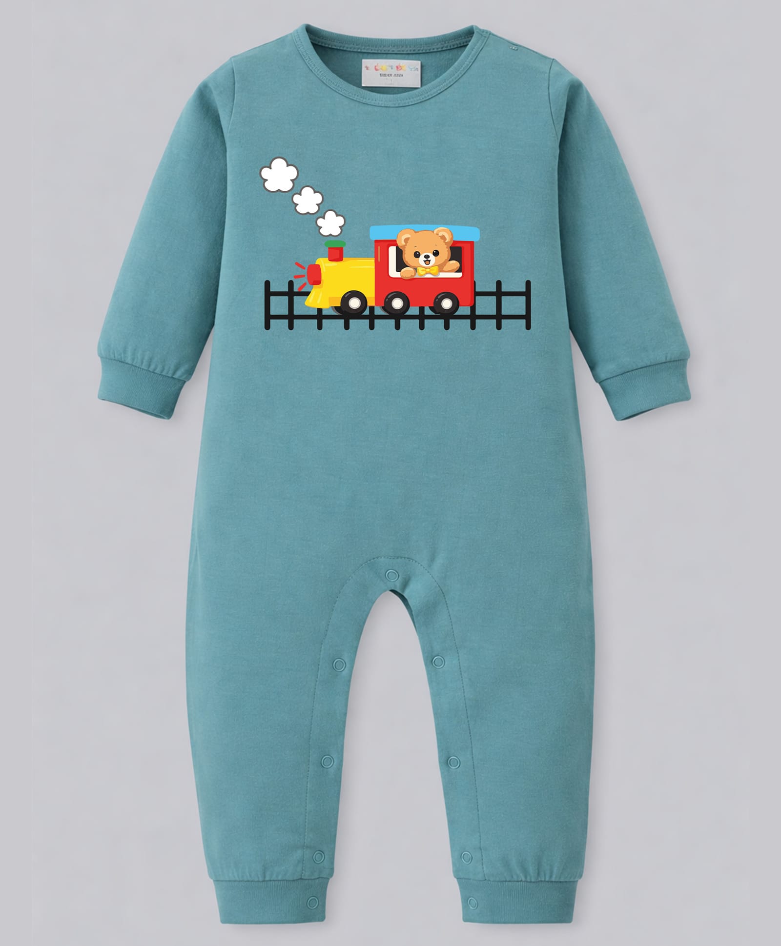 BLUSHES 100% Cotton Knit Full Sleeves Teddy & Train Printed Romper - Turquoise-image-42