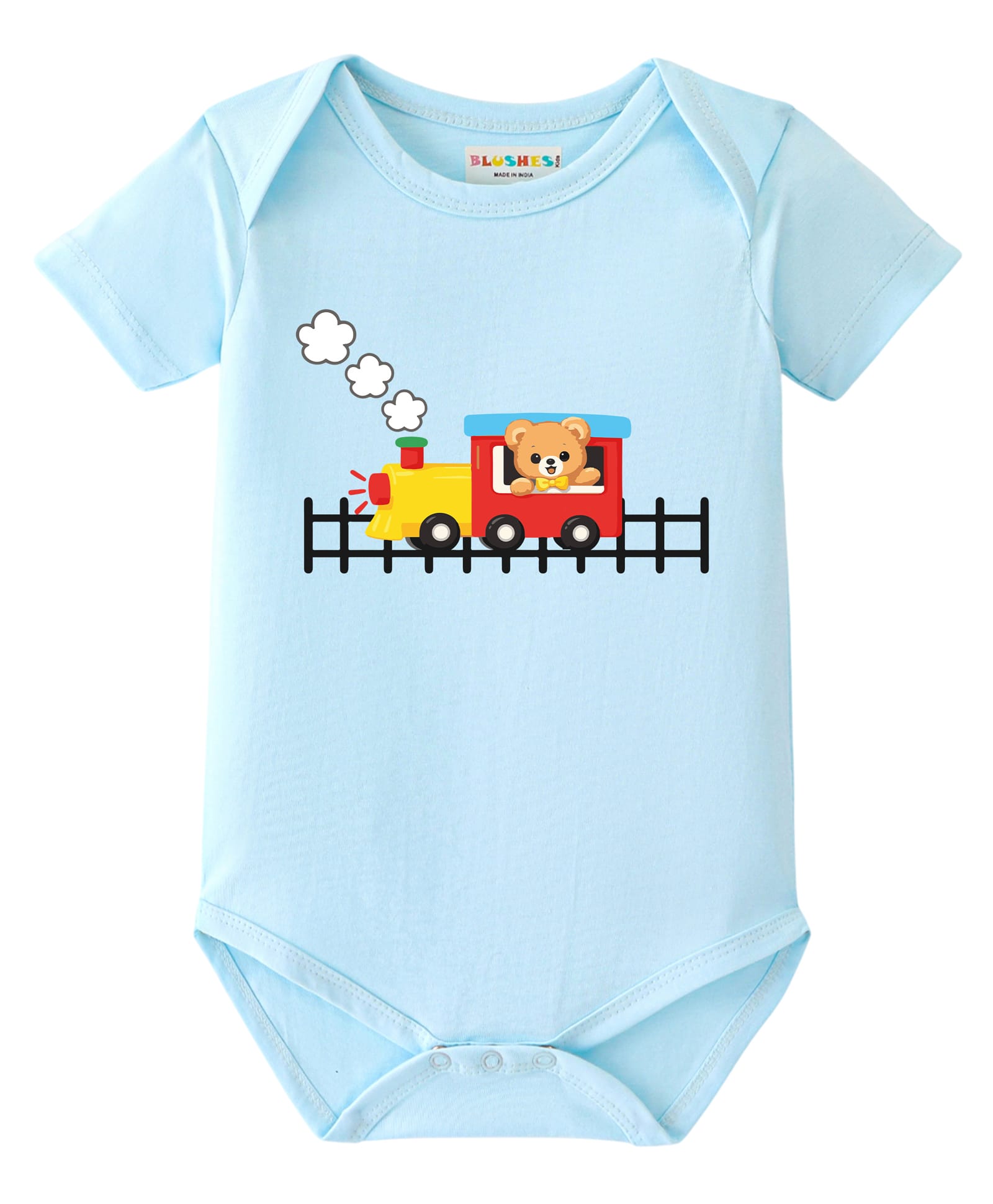 BLUSHES 100% Cotton Knit Half Sleeves Train & Teddy Printed Onesie - Aqua Blue-picture-12