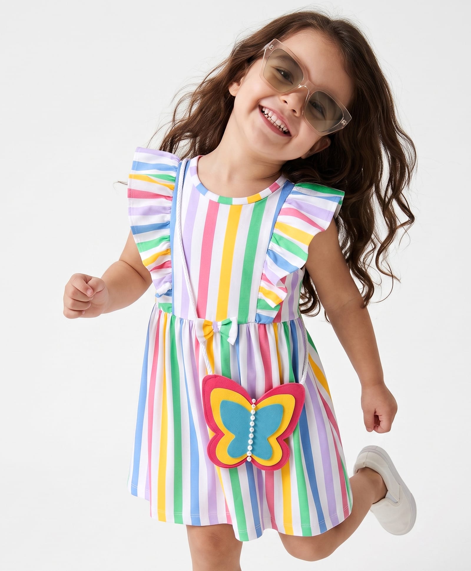 Babyhug Single Jersey Knit Sleeveless Striped Frock With Sling Bag - White-image-15