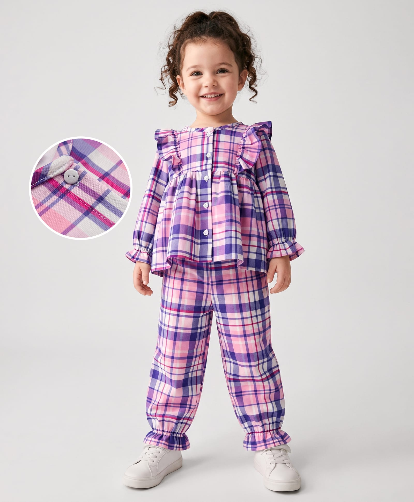Babyhug 100% Cotton Woven Full Sleeves Checked Co-Ords Top & Pant Set - Purple-picture-29