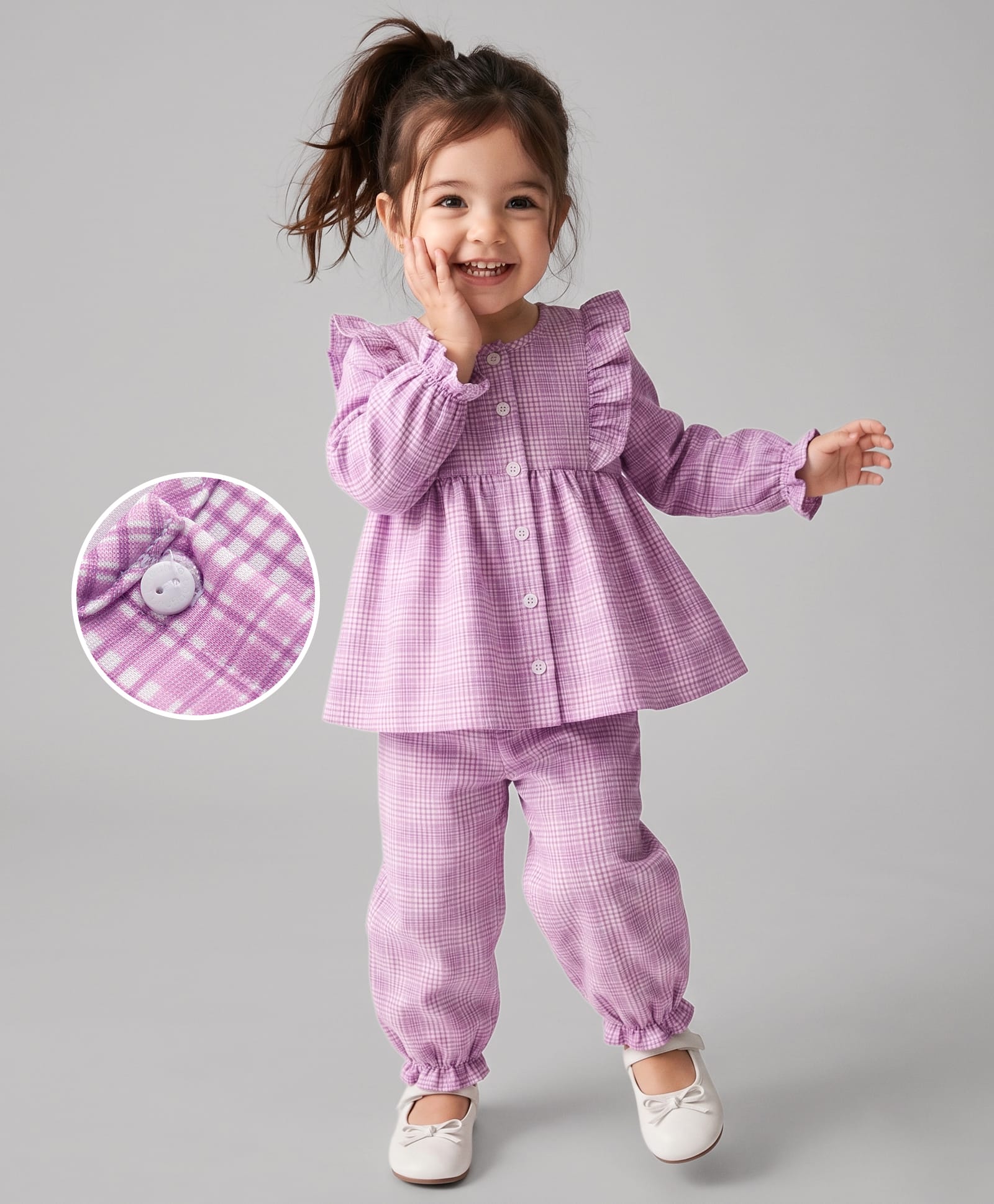 Babyhug 100% Cotton Woven Full Sleeves Checked Co-Ords Top & Pant Set - Lavender-picture-35