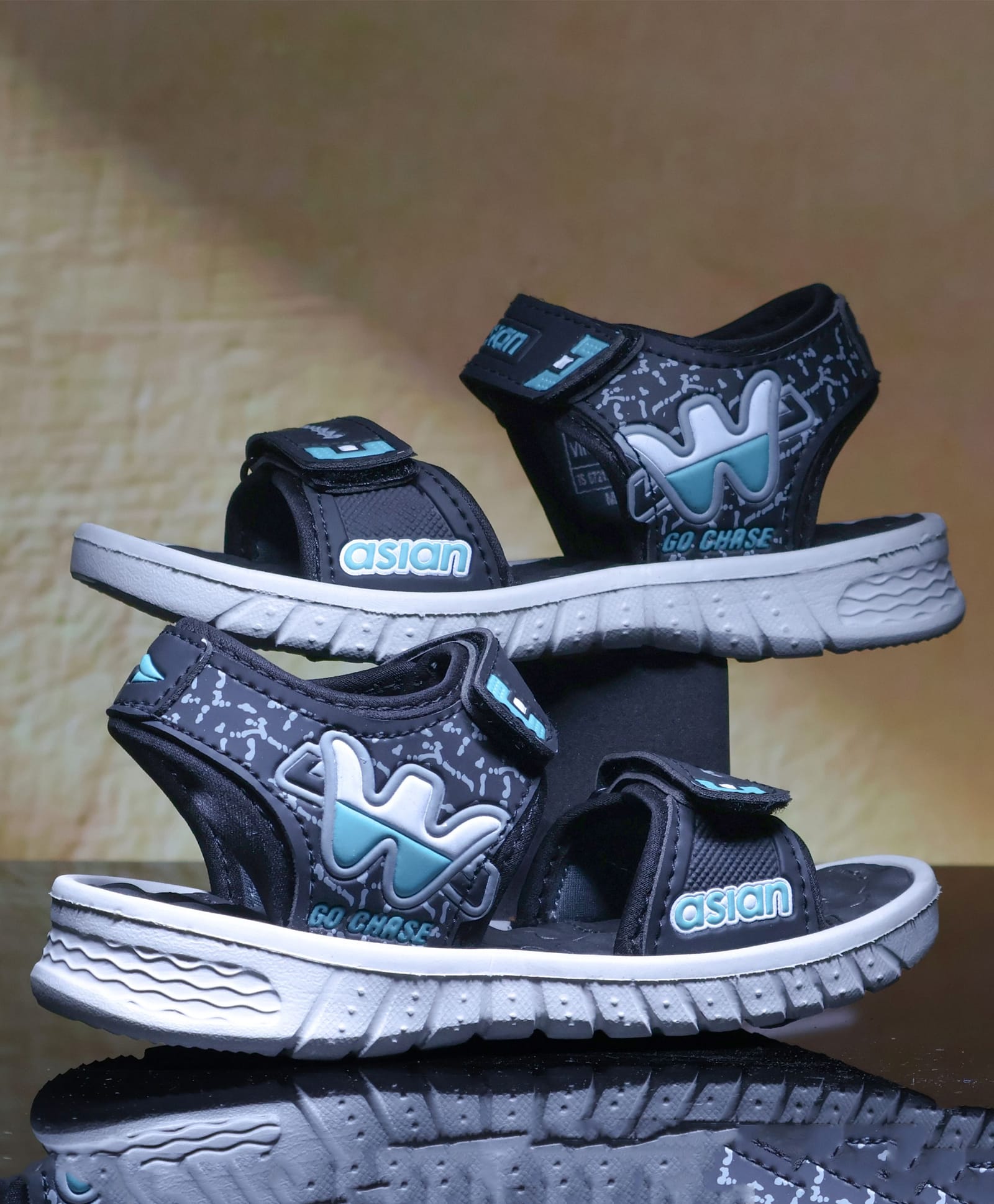 asian Abstract Designed Velcro Closure Sandals - Black & Sea Green-picture-12