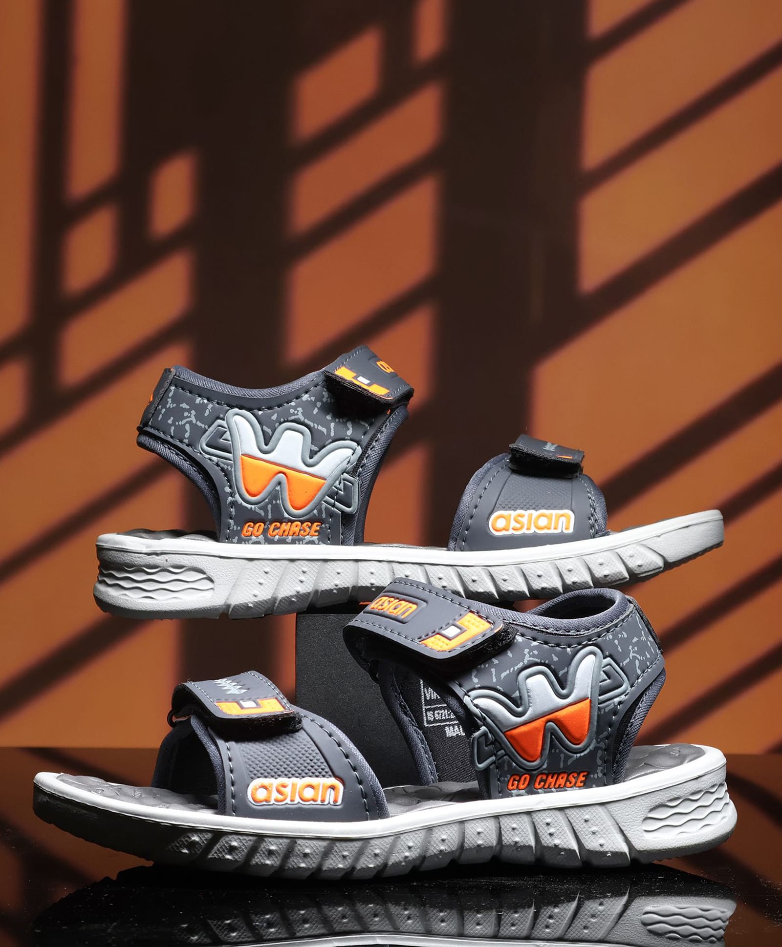 asian Abstract Designed Velcro Closure Sandals - Dark Grey & Orange-image-25
