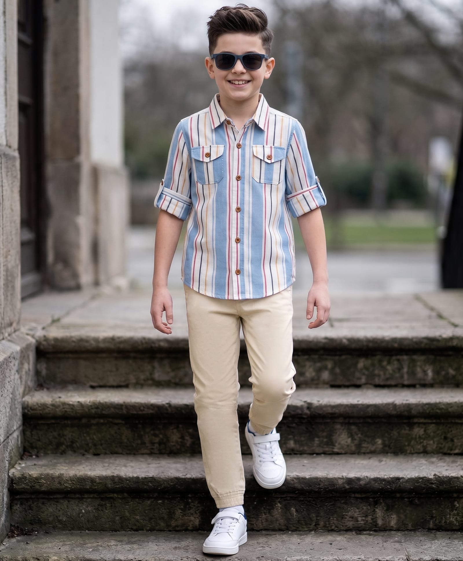 OLLINGTON ST. Cotton Woven Full Sleeves Striped Shirt & Twill Joggers - Light Blue & Beige-image-32