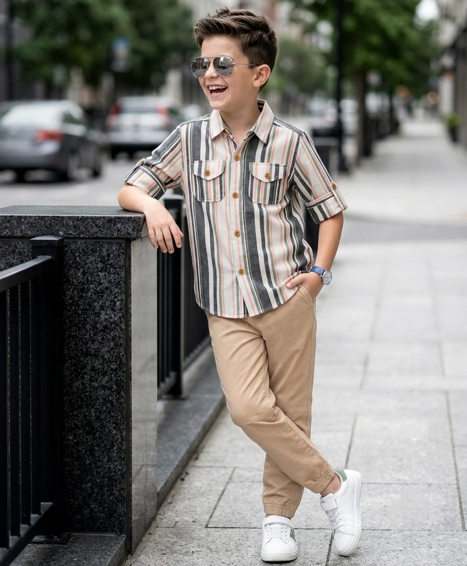 OLLINGTON ST. Cotton Woven Full Sleeves Striped Shirt & Twill Joggers - Olive & Beige-image-44