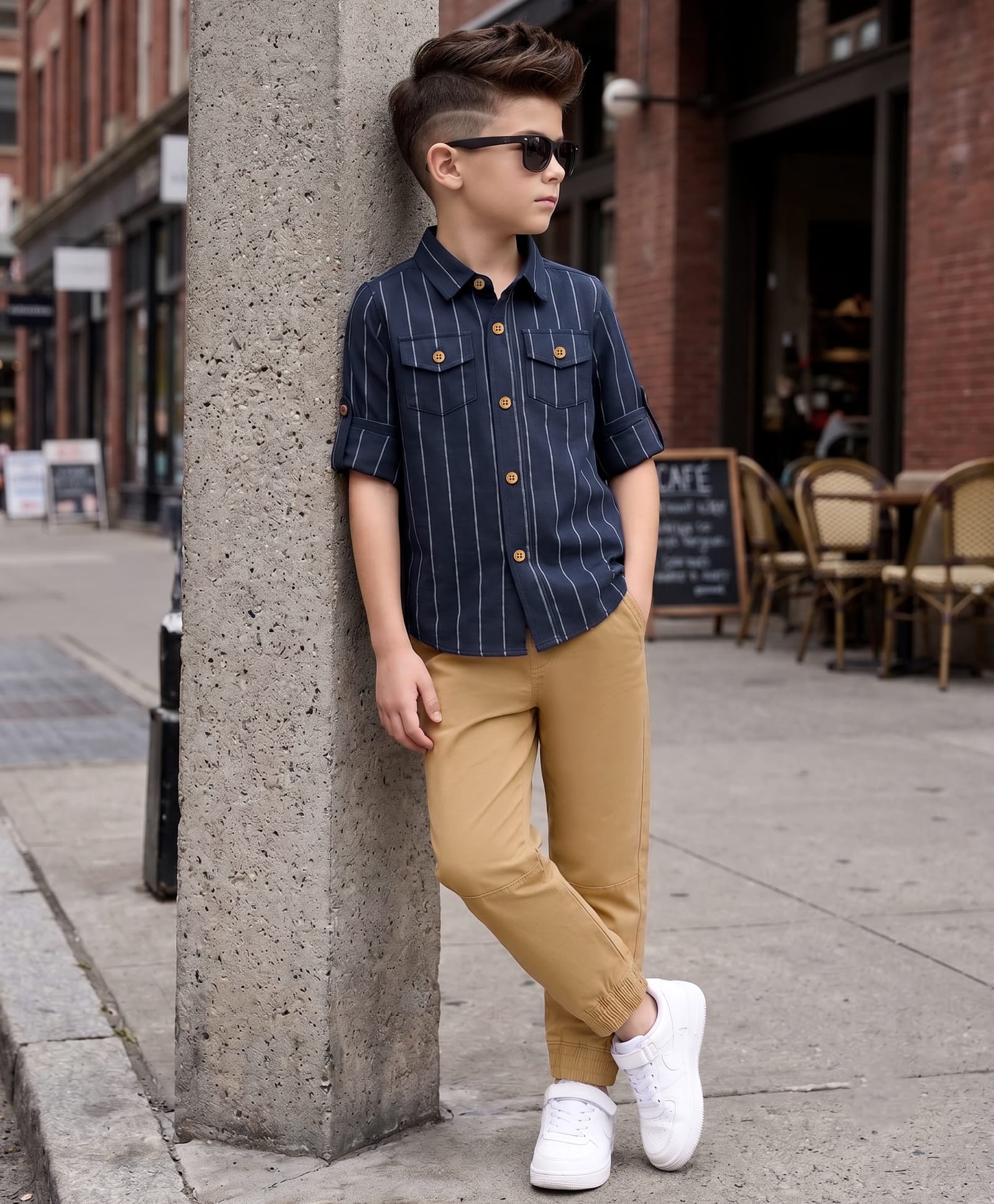 OLLINGTON ST. Cotton Woven Full Sleeve Striped Shirt With Twill Joggers -Navy Blue & Khaki-picture-17
