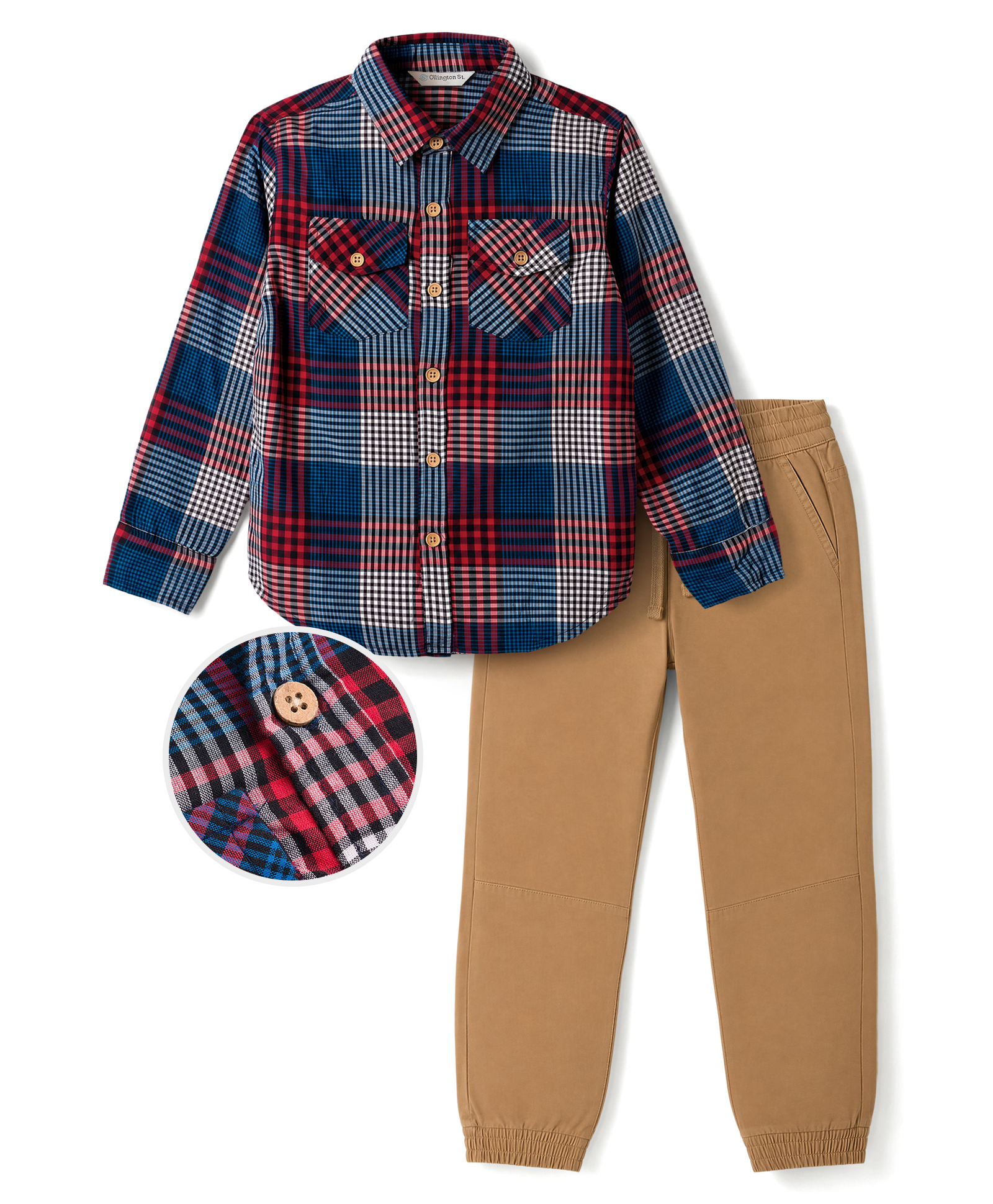OLLINGTON ST. Set Of Cotton Woven Checks Full Sleeve Shirt & Twill Joggers -Multicolour & Khaki-image-12