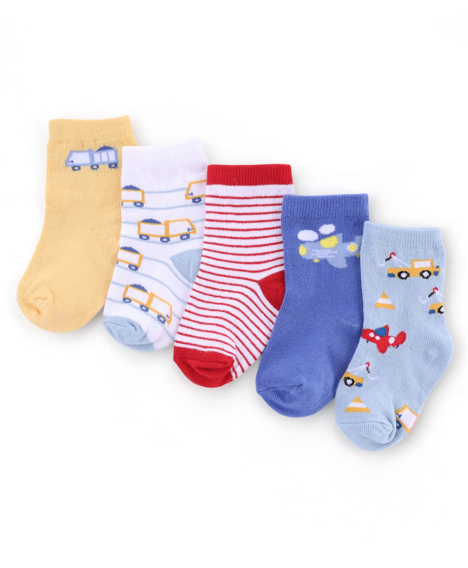 Cute Walk by Babyhug Knit Anti-Bacterial Ankle Length Striped Socks With Vehicle & Rocket Design Pack of 5 - Grey, Red & Blue-image-44