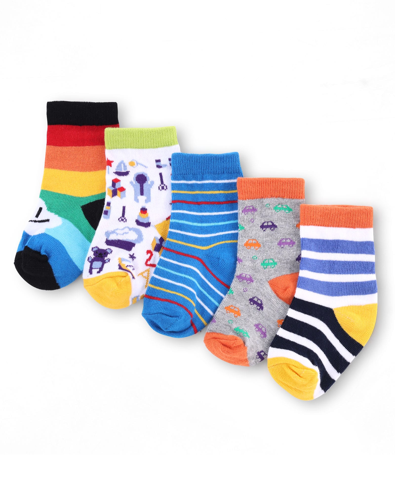 Cute Walk by Babyhug Knit Anti-Bacterial Ankle Length Striped Socks With Vehicle Design Pack of 5 - White & Sky Blue & Orange-image-25