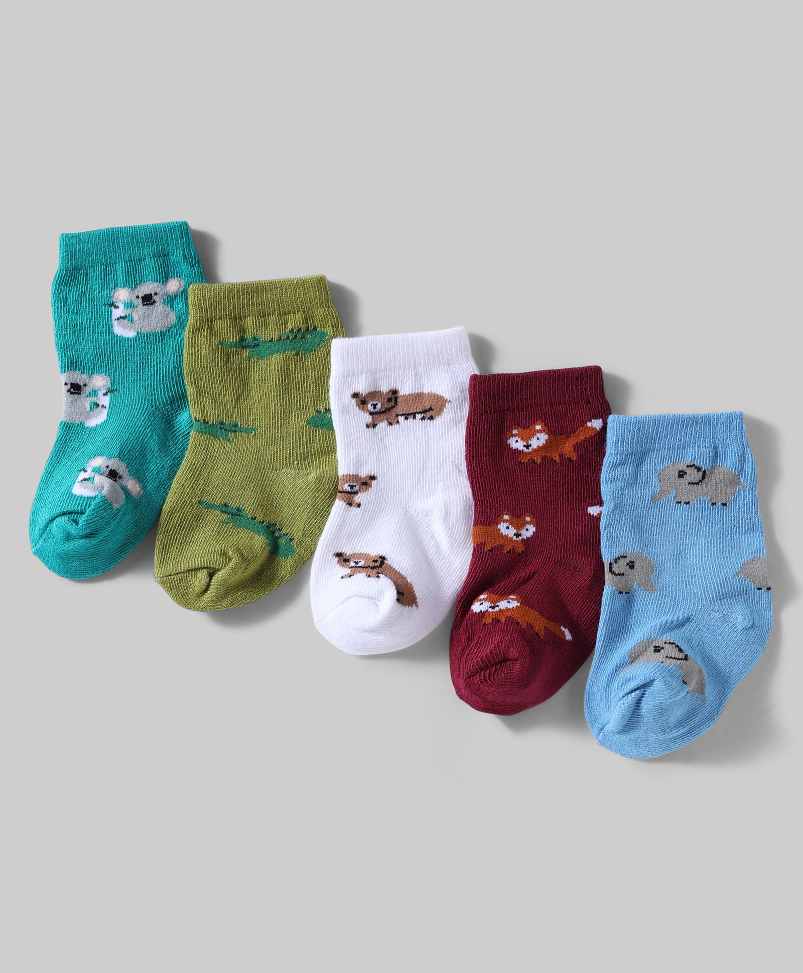 Cute Walk By Babyhug Knit Anti-Bacterial Ankle Length Socks With Animal Design Pack Of 5 - White, Maroon & Green-image-46