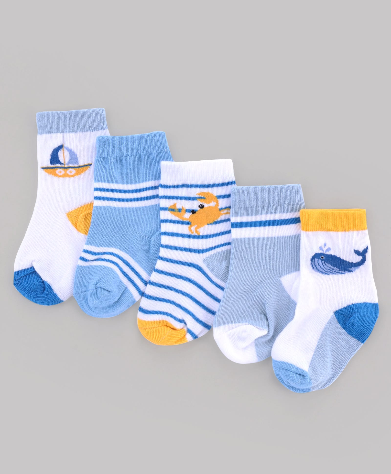 Cute Walk by Babyhug Knit Anti-Bacterial Ankle Length Striped Socks With Sea Life Design Pack of 5 - White & Sky Blue-image-21