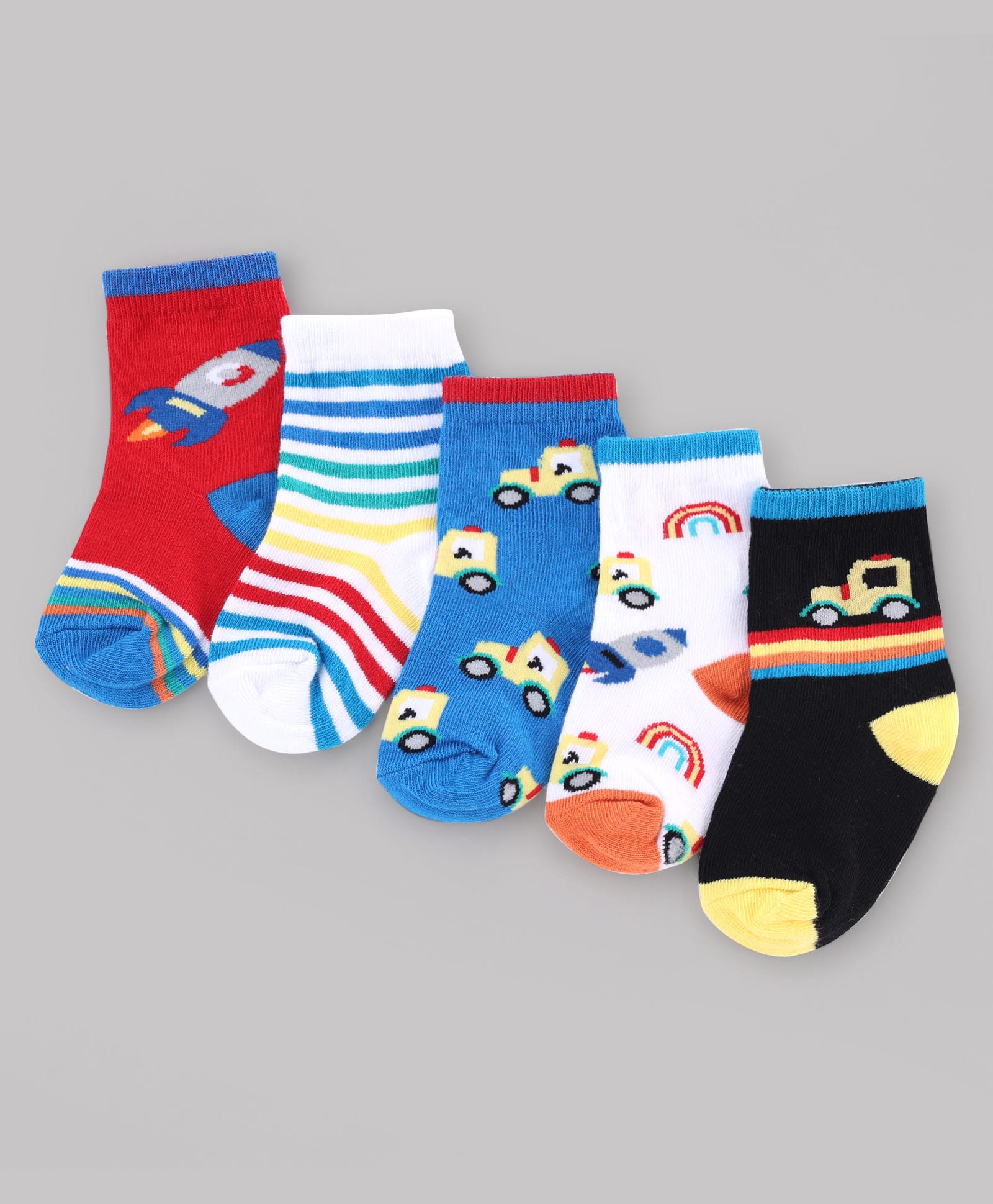 Cute Walk by Babyhug Knit Anti-Bacterial Ankle Length Striped Socks With Vehicle & Rocket Design Pack of 5 - Grey, Red & Sky Blue-image-43