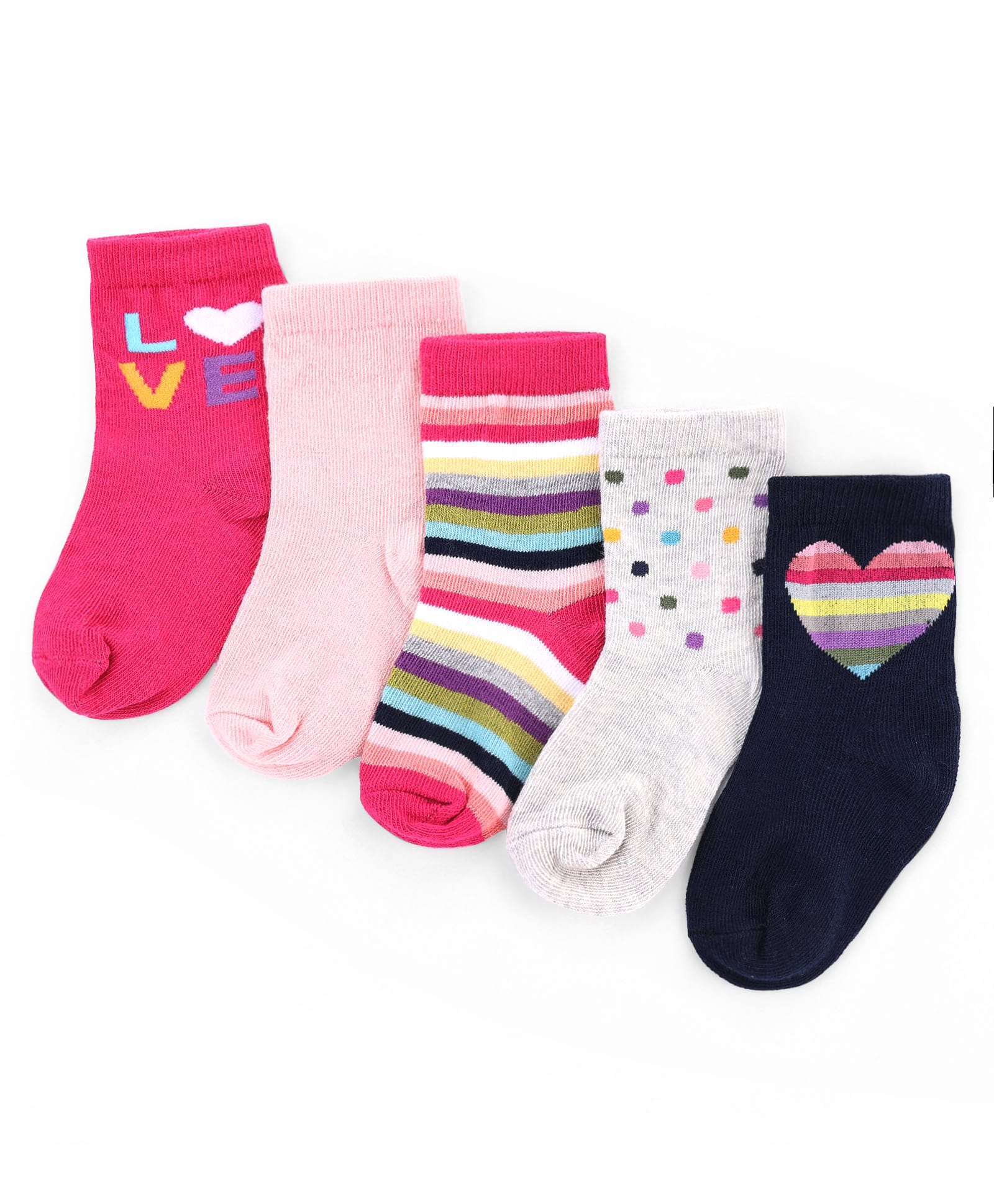 Cute Walk by Babyhug Knit Anti-Bacterial Ankle Length Striped Socks With Polka Dot & Heart Design Pack of 5 - Pink, White & Black-image-26