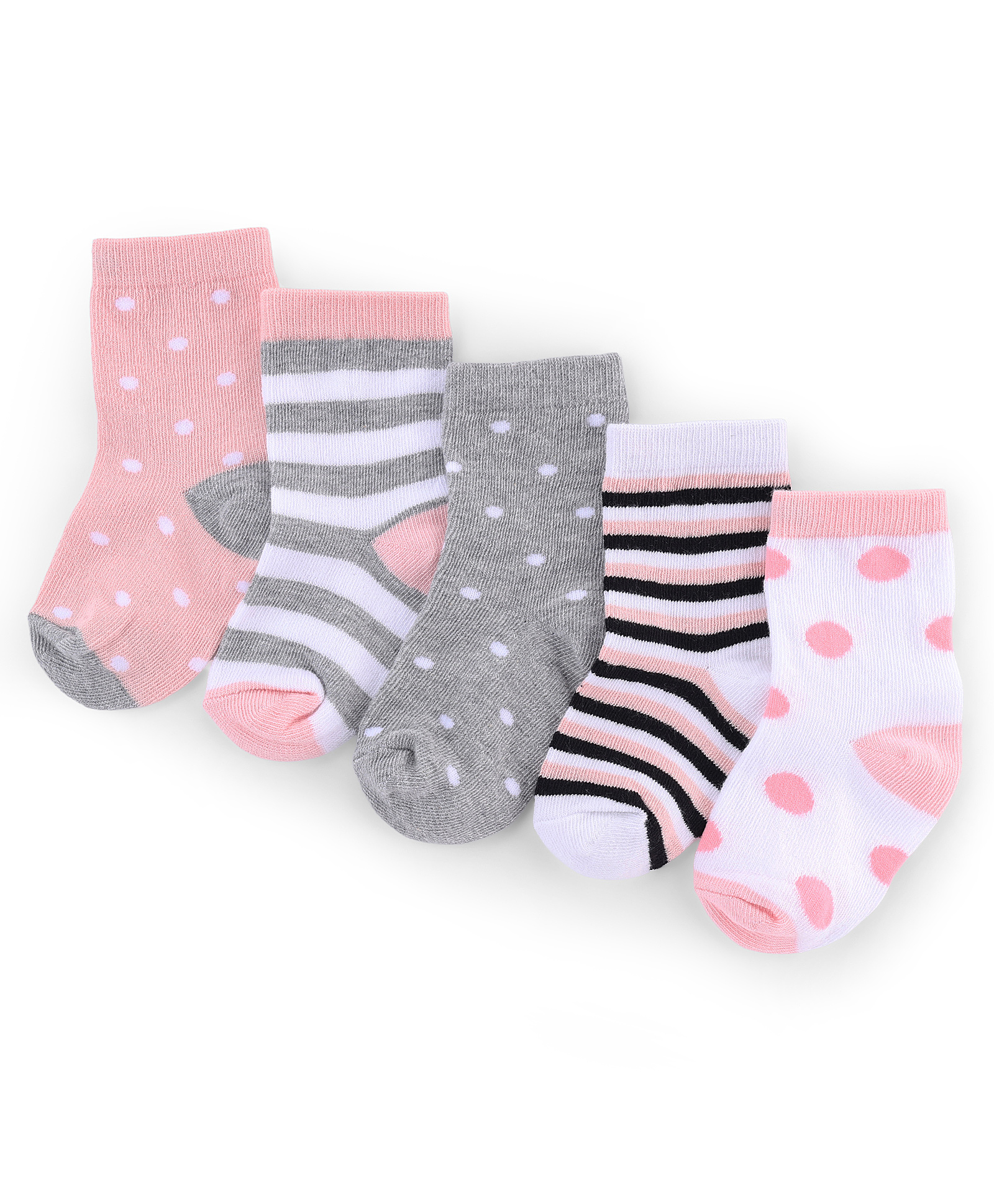 Cute Walk by Babyhug Knit Anti-Bacterial Ankle Length Striped Socks With Polka Dot Design Pack of 5 - Grey, White & Pink-image-27