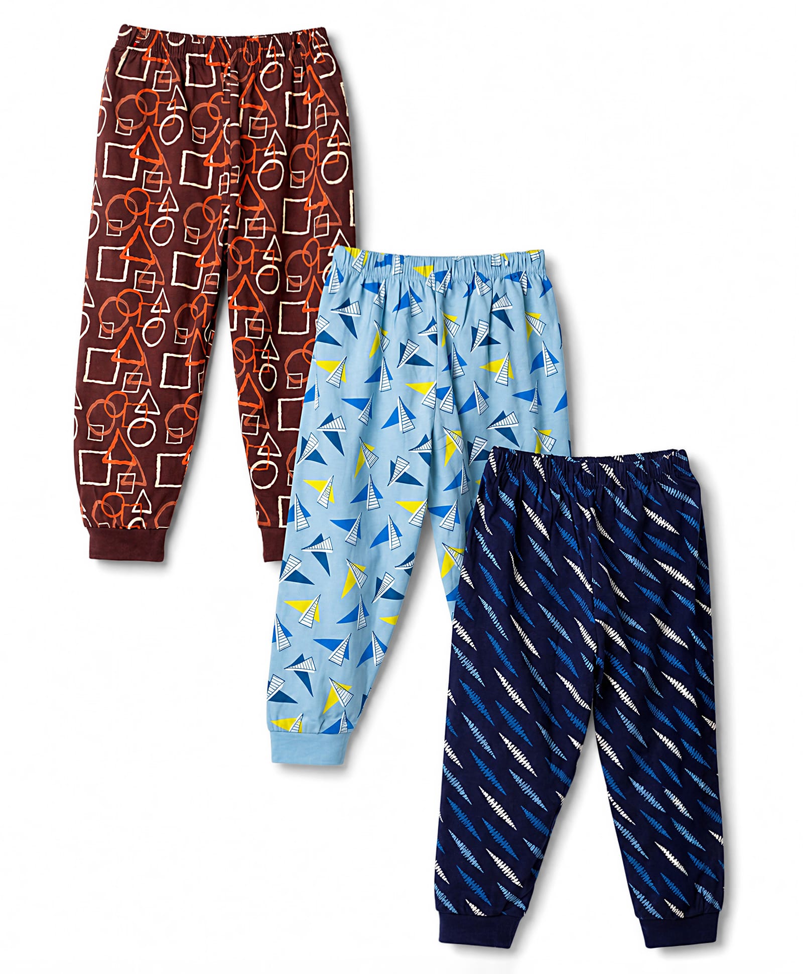 CUCUMBER Sinker Knit Full Length Lounge & Track Pants With Geometric Print Pack of 3 - Navy, Brown & Light Blue-picture-21