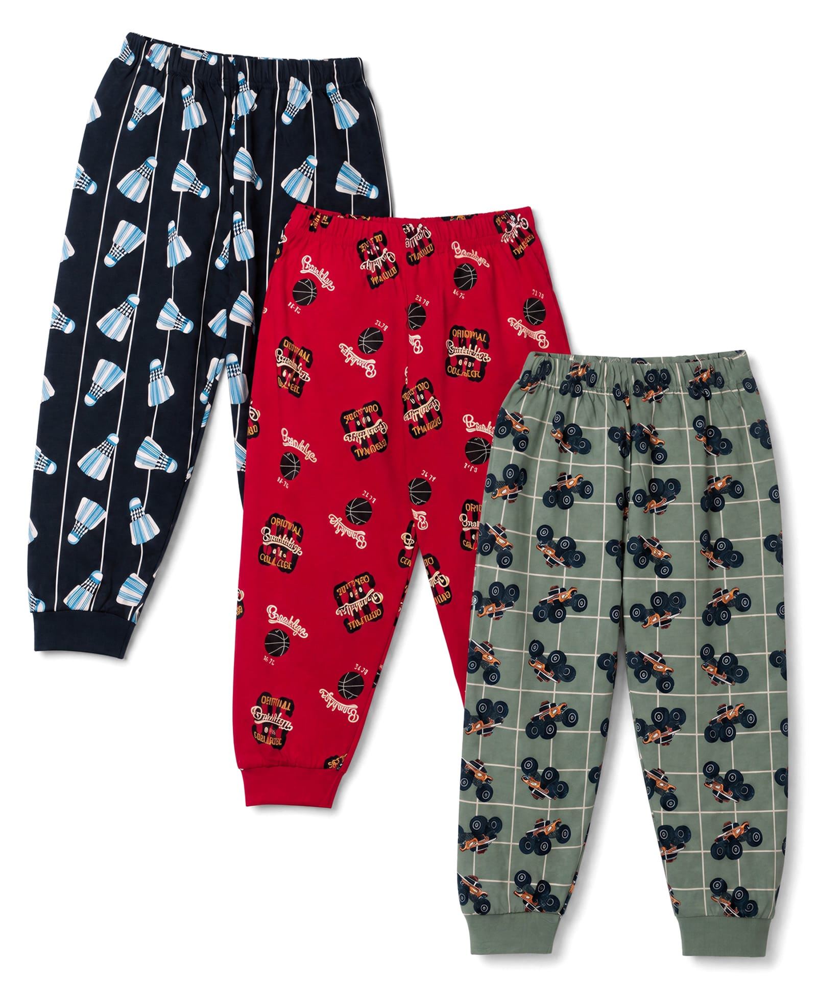 CUCUMBER Sinker Knit Full Length Lounge & Track Pants With Vehicle & Shuttle Cock Print Pack of 3 - Red, Navy & Green-image-36