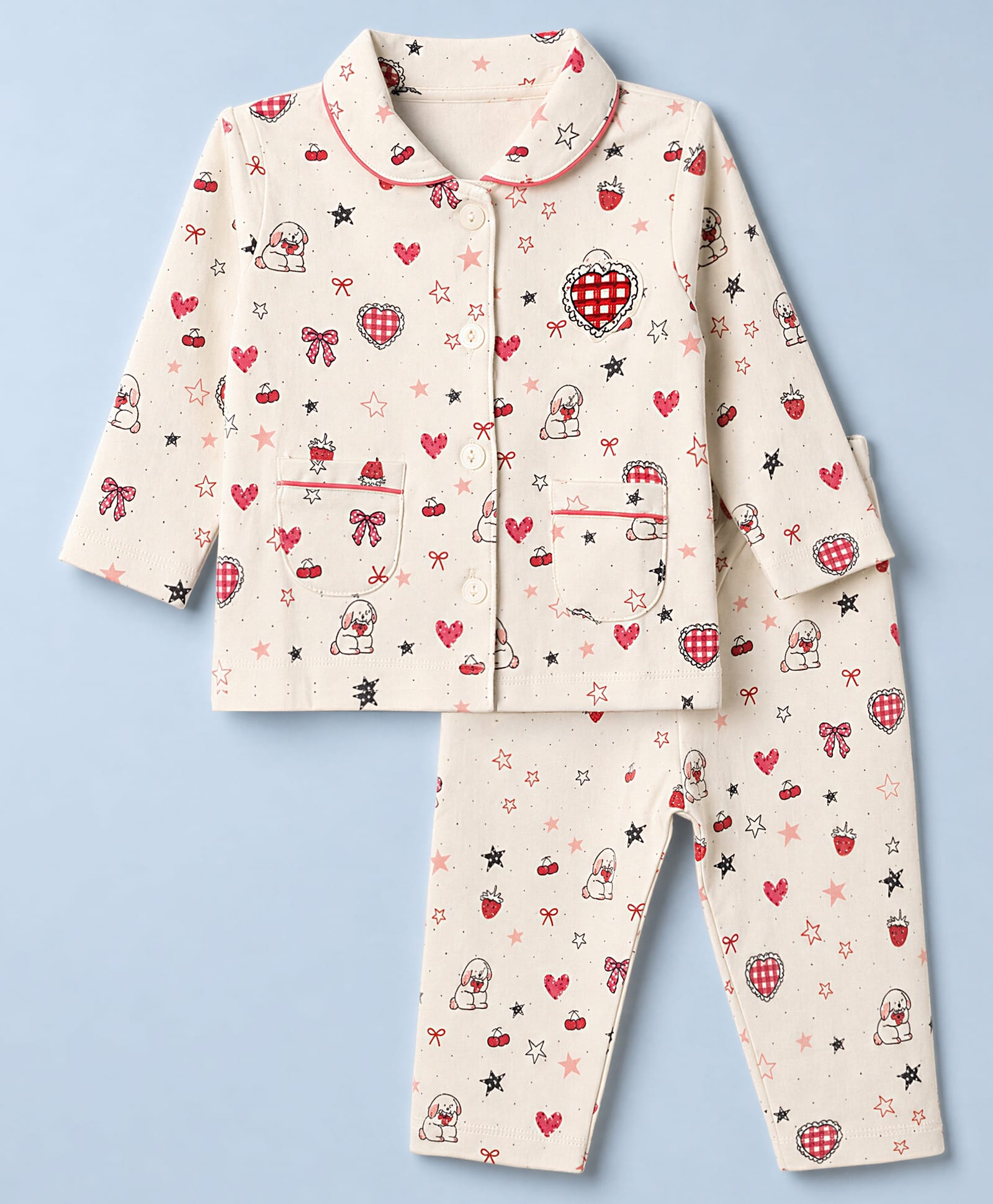 CUCUMBER Interlock Knit Full Sleeves Shirt & Pyjama Co-ords Night Suit With Heart Print & Applique - Cream-picture-33