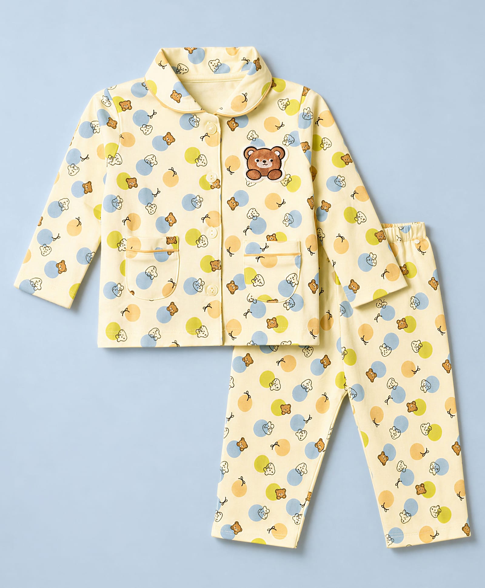 CUCUMBER Interlock Knit Full Sleeves Shirt & Pyjama Co-ords Night Suit With Teddy Bear Print & Applique - Light Yellow-picture-24