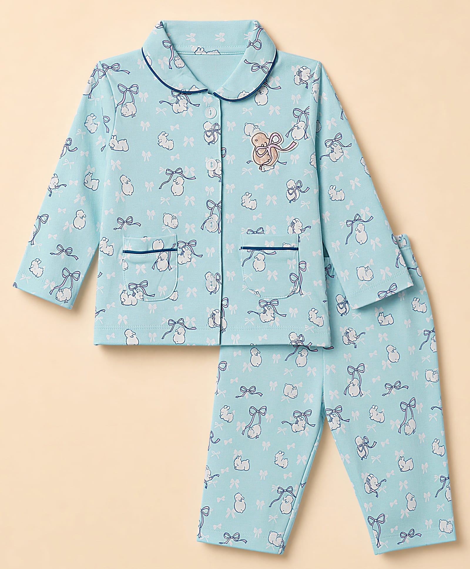 CUCUMBER Interlock Knit Full Sleeves Shirt & Pyjama Co-ords Night Suit With Rabbit & Bow Print & Applique - Light Sky-image-22