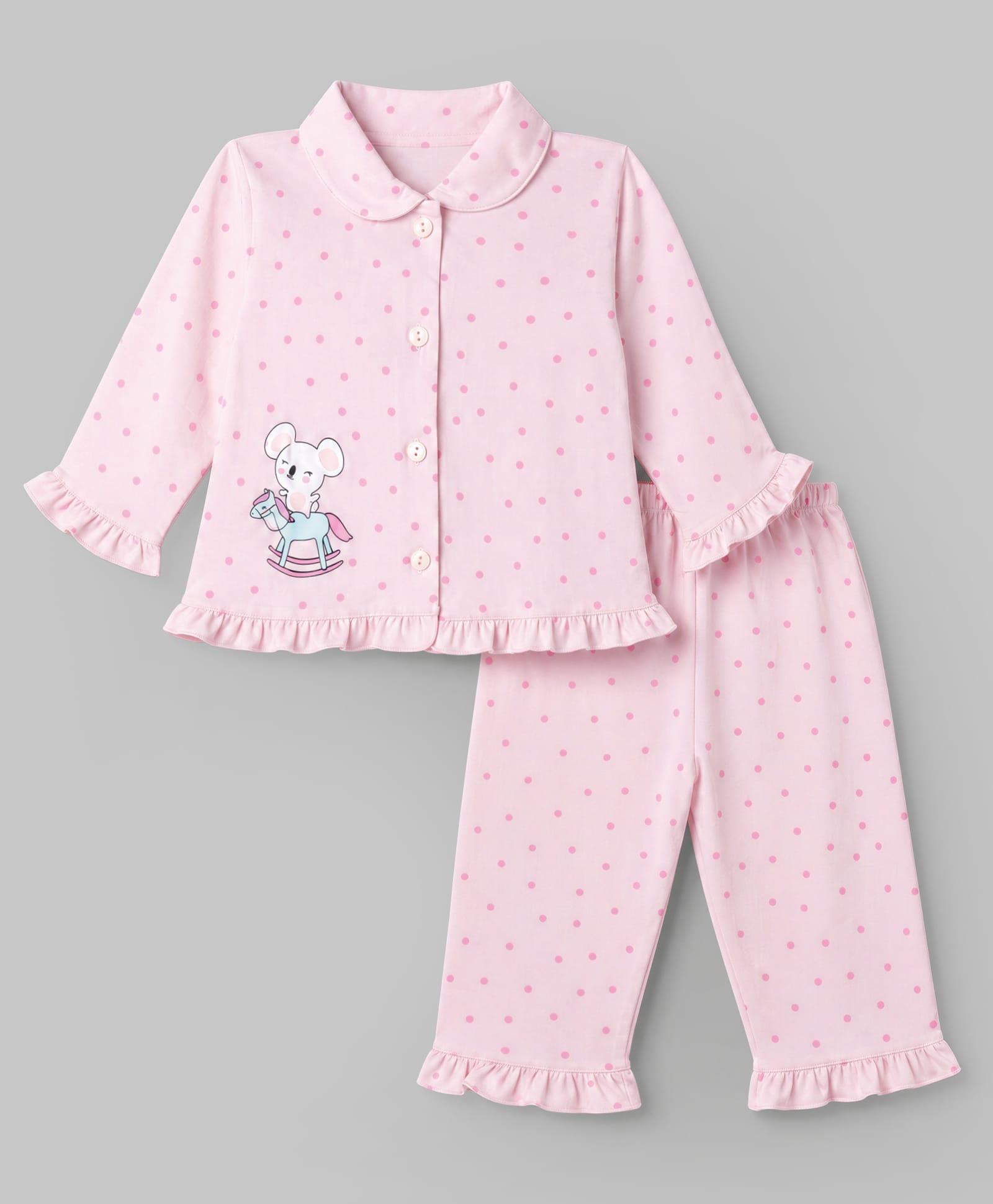 Cucumber Interlock Knit Full Sleeves Co-Ords Shirt & Pyjama Night Suit with Polka Dot Print - Light Pink-image-32
