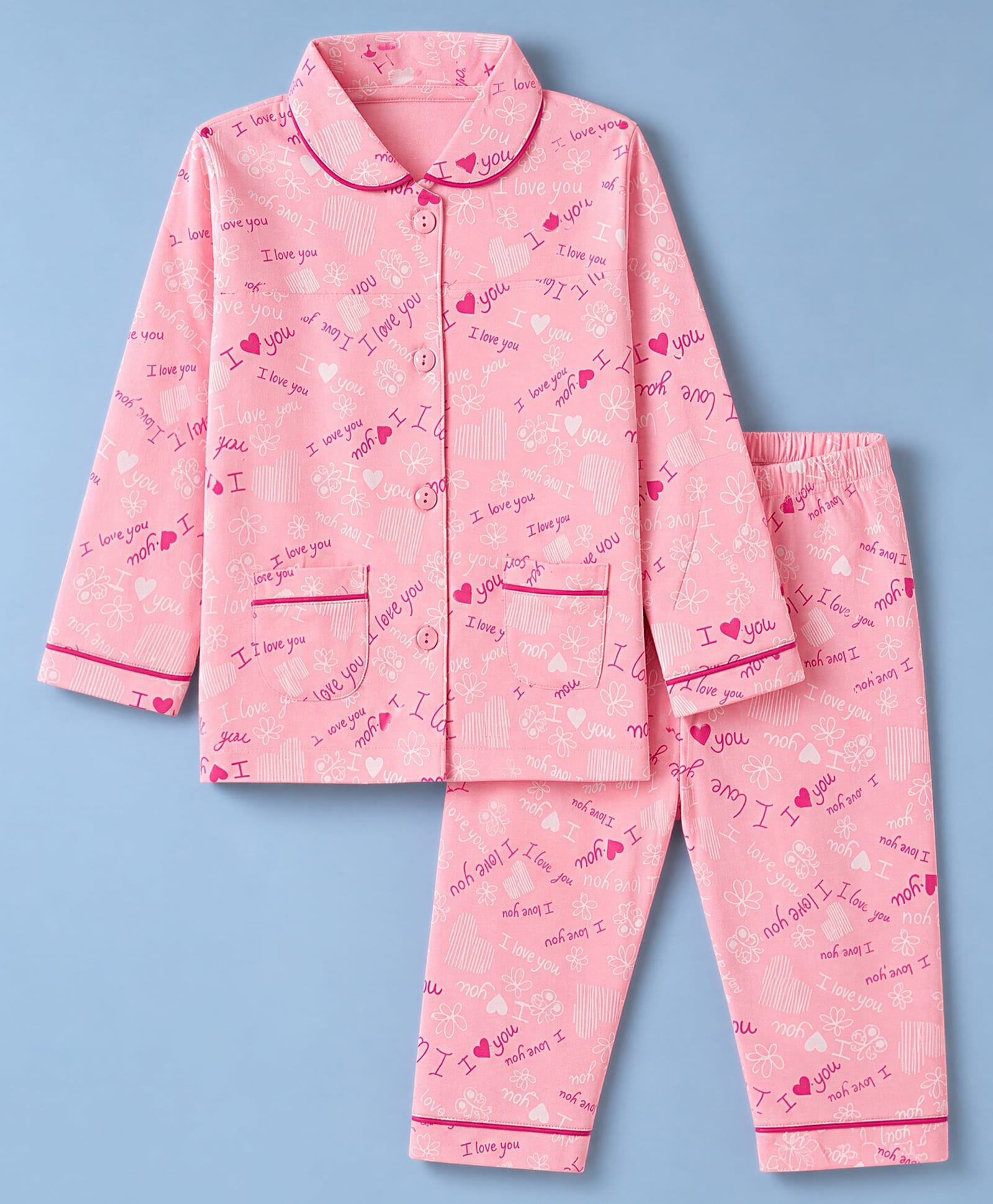 Cucumber Interlock Knit Full Sleeves Co-Ords Shirt & Pyjama Night Suit with Heart & Floral Print - Pink-picture-37