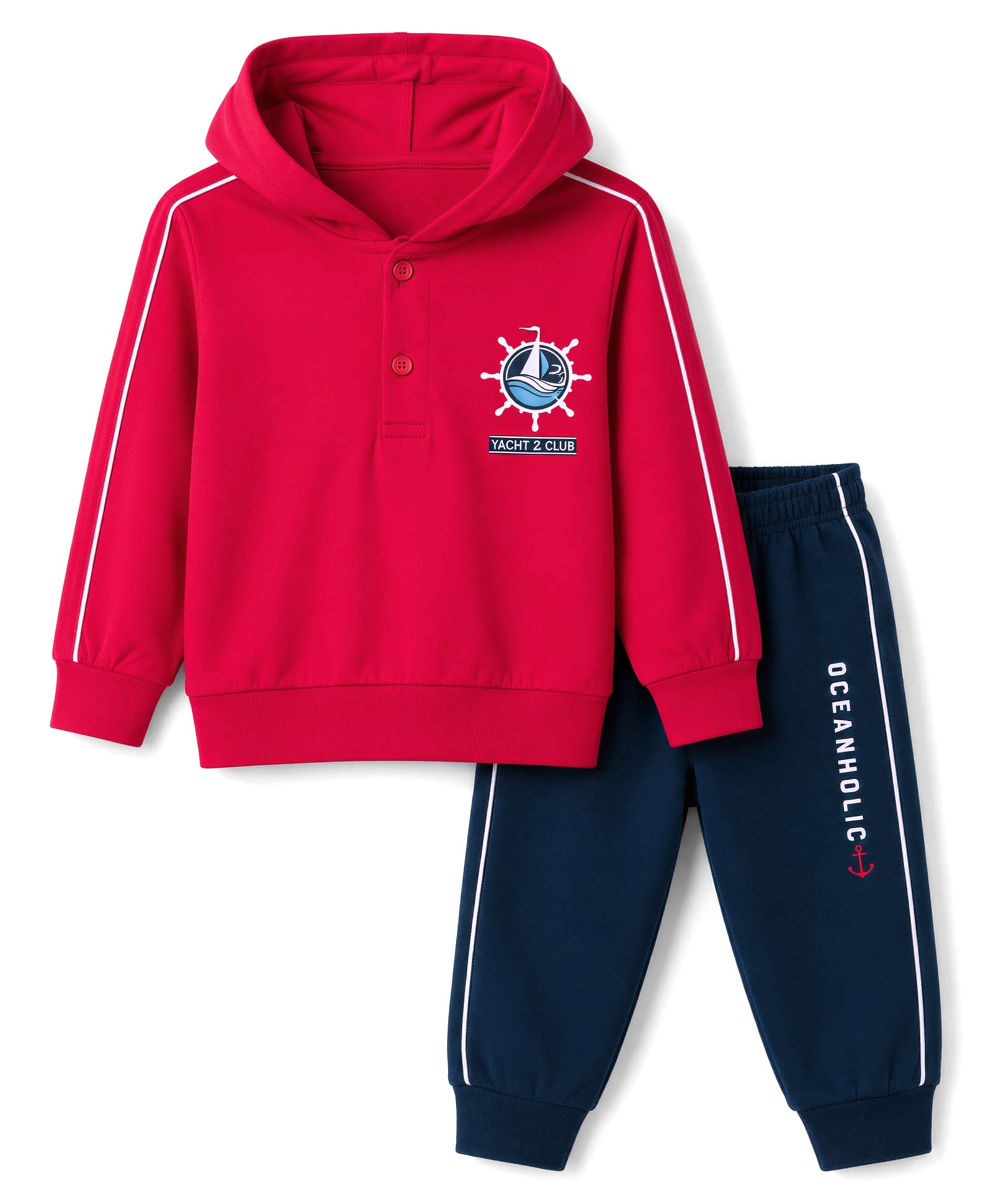 Cucumber Cotton Knit Full Sleeves Hooded T-Shirt & Joggers Set with Boat Print - Red-image-15