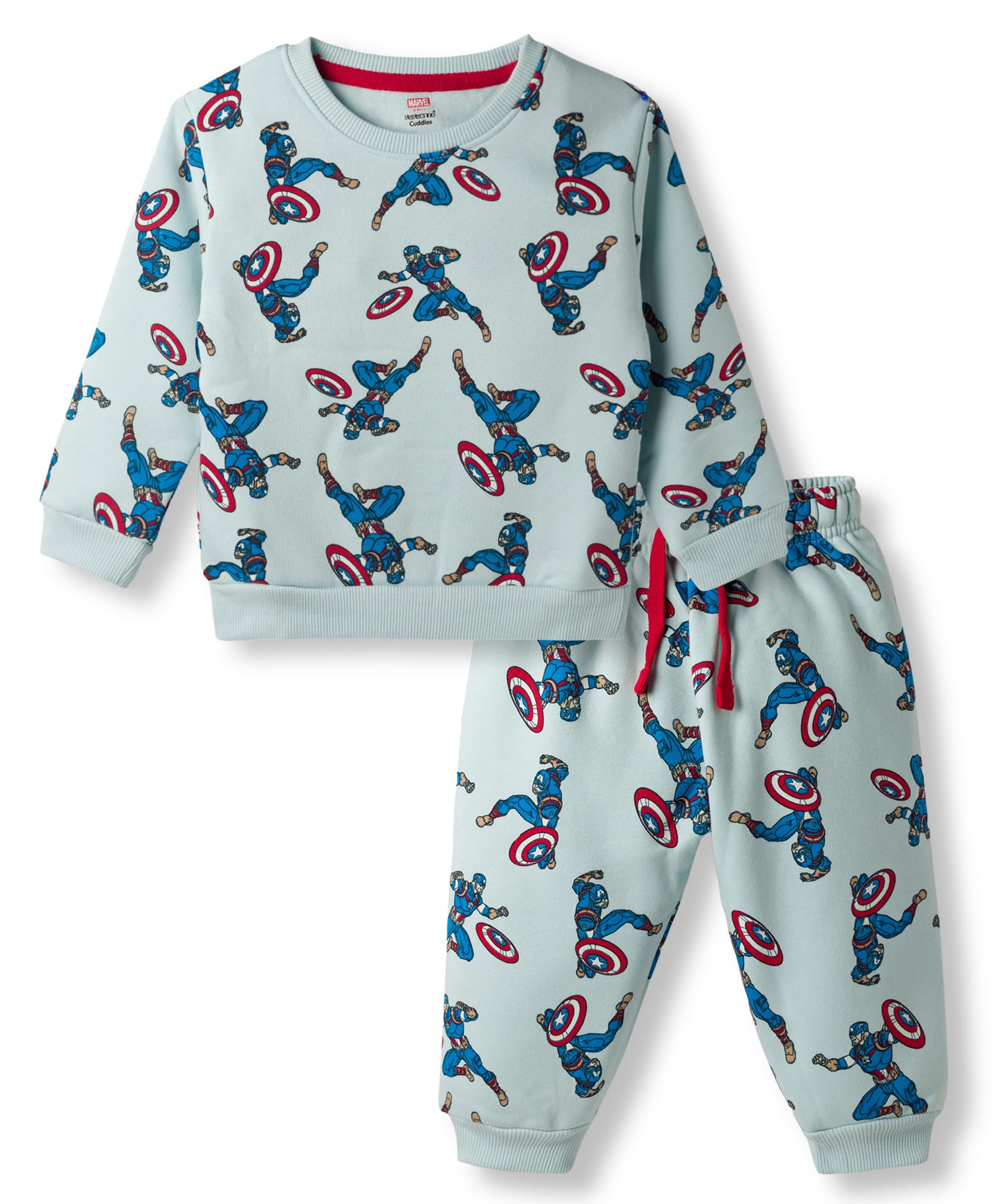 Cucumber Fleece Knit Full Sleeves Winter Wear T-Shirt & Joggers Set with Avengers Print - Light Blue-picture-10