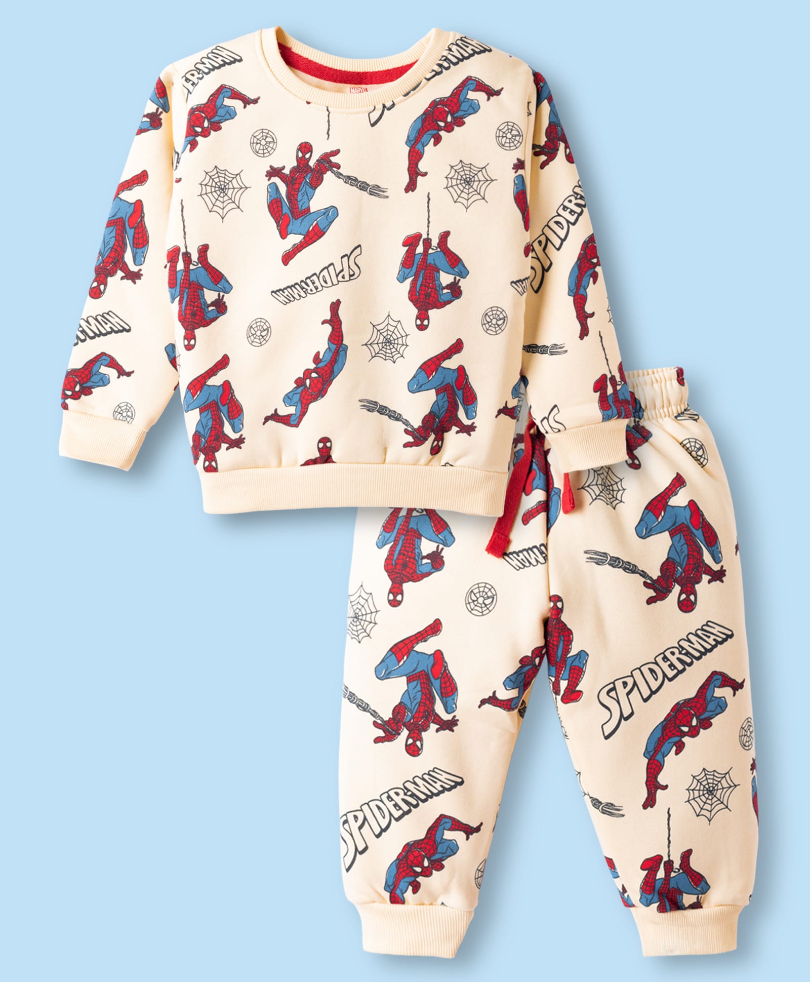 Cucumber Fleece Knit Full Sleeves Winter Wear T-Shirt & Joggers Set with Spiderman Print - Cream-image-27