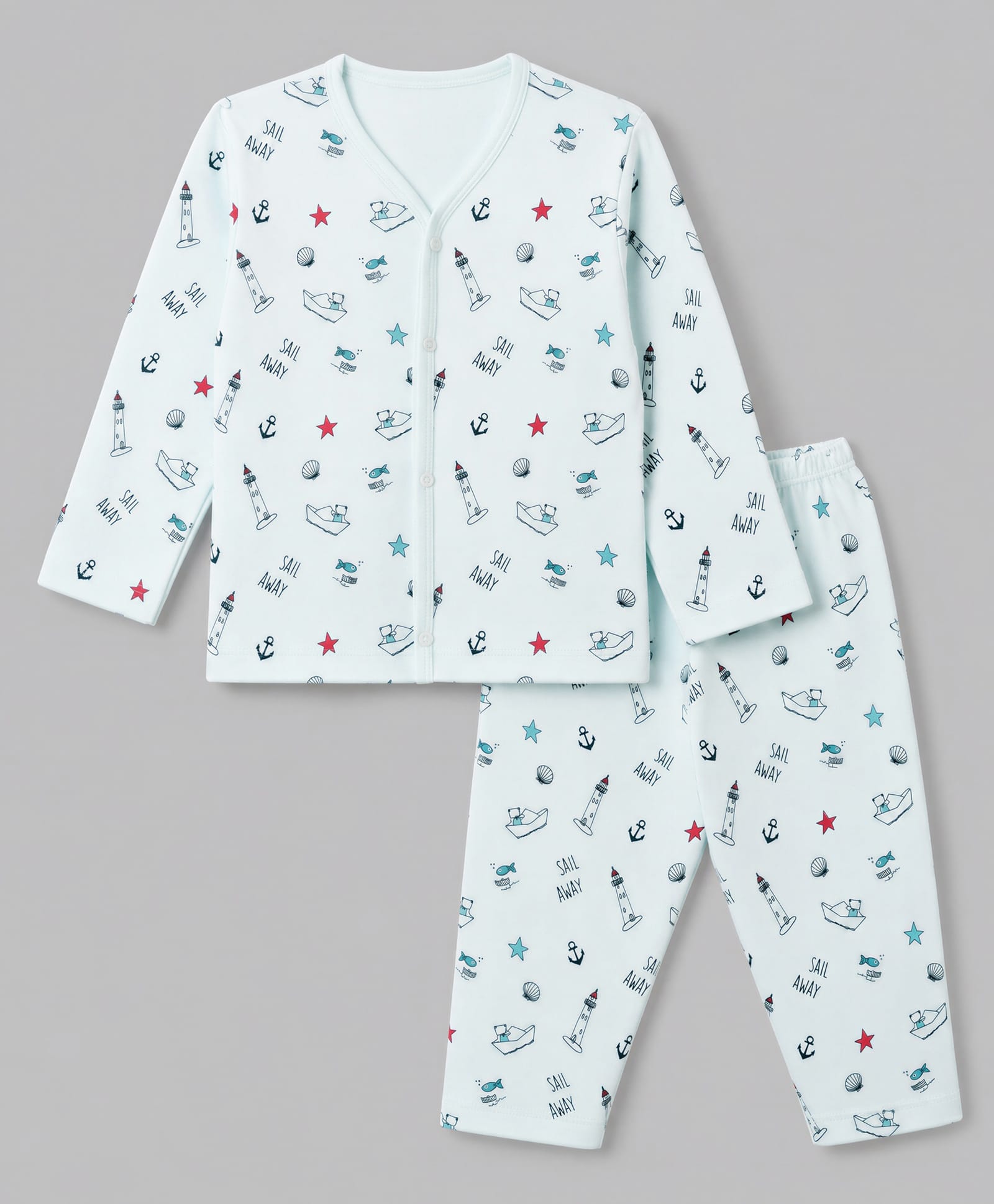 CUCUMBER Interlock Knit Full Sleeves T-Shirt & Pyjama Co-ords Night Suit With Nautical Print - Light Blue-picture-36