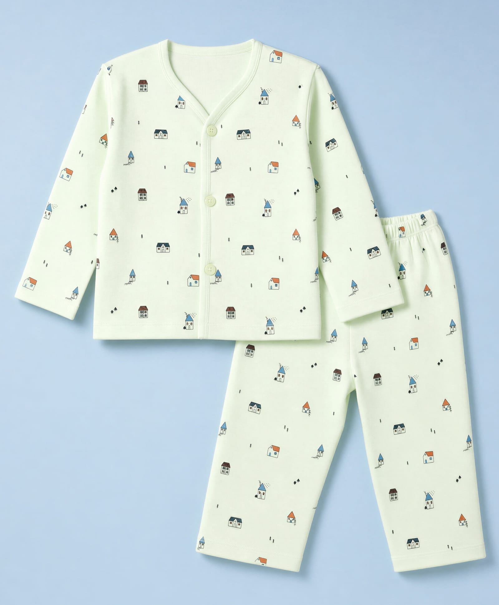 CUCUMBER Interlock Knit Full Sleeves T-Shirt & Pyjama Co-ords Night Suit With House Print - Light Green-picture-33