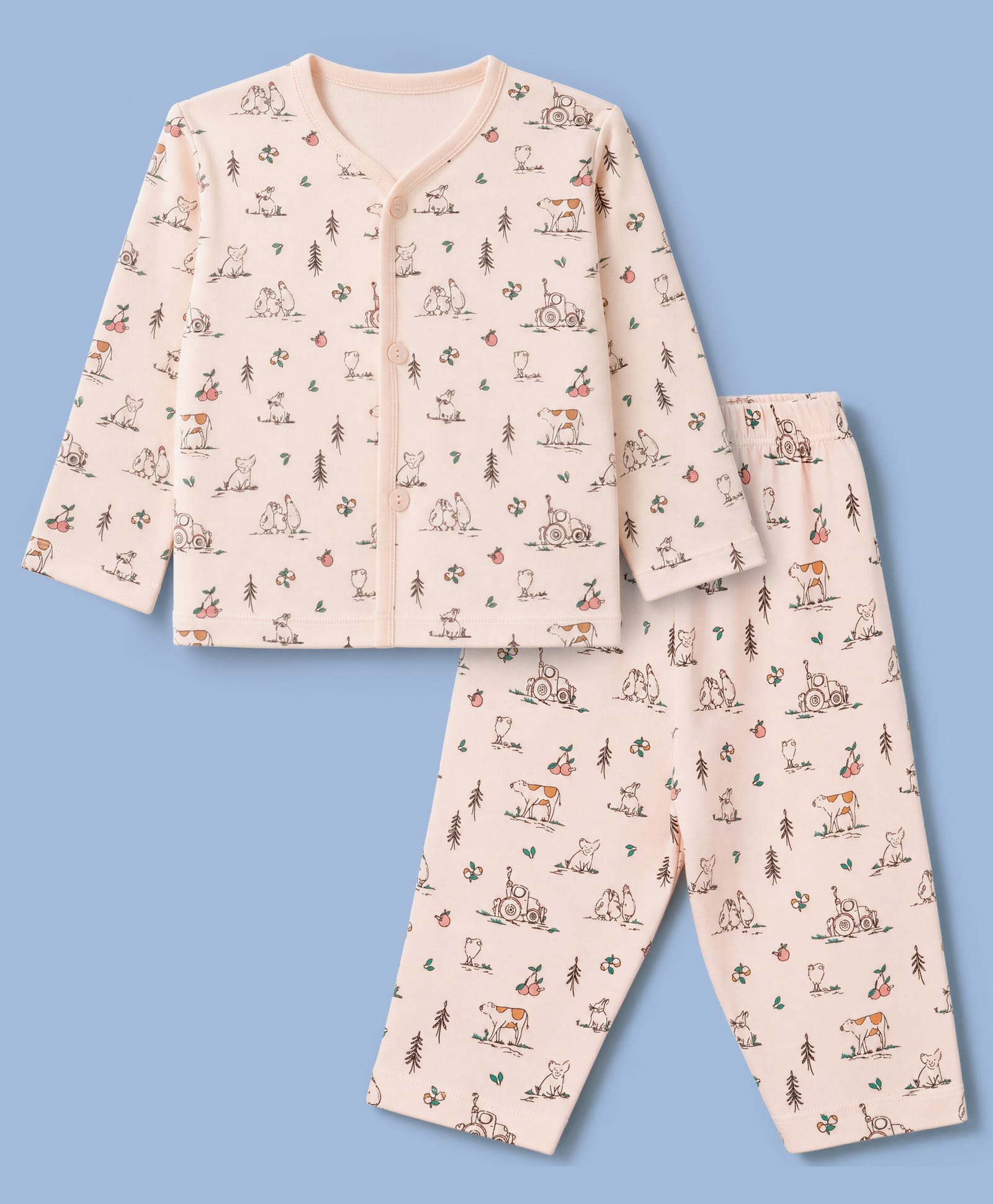 CUCUMBER Interlock Knit Full Sleeves T-Shirt & Pyjama Co-ords Night Suit With Animal Print - Light Peach-picture-34