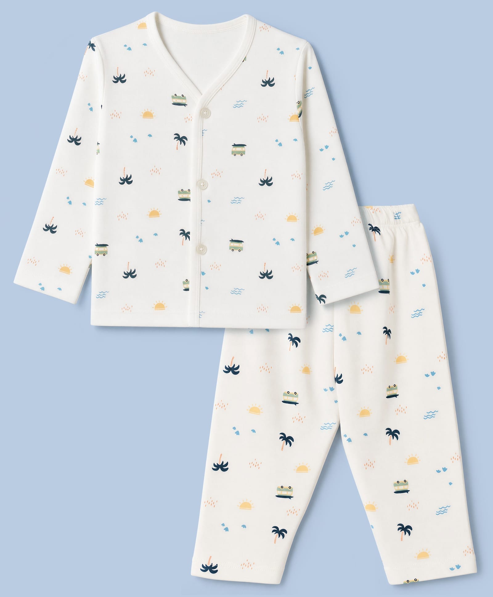 CUCUMBER Interlock Knit Full Sleeves T-Shirt & Pyjama Co-ords Night Suit With Tropical Print - Cream-picture-29