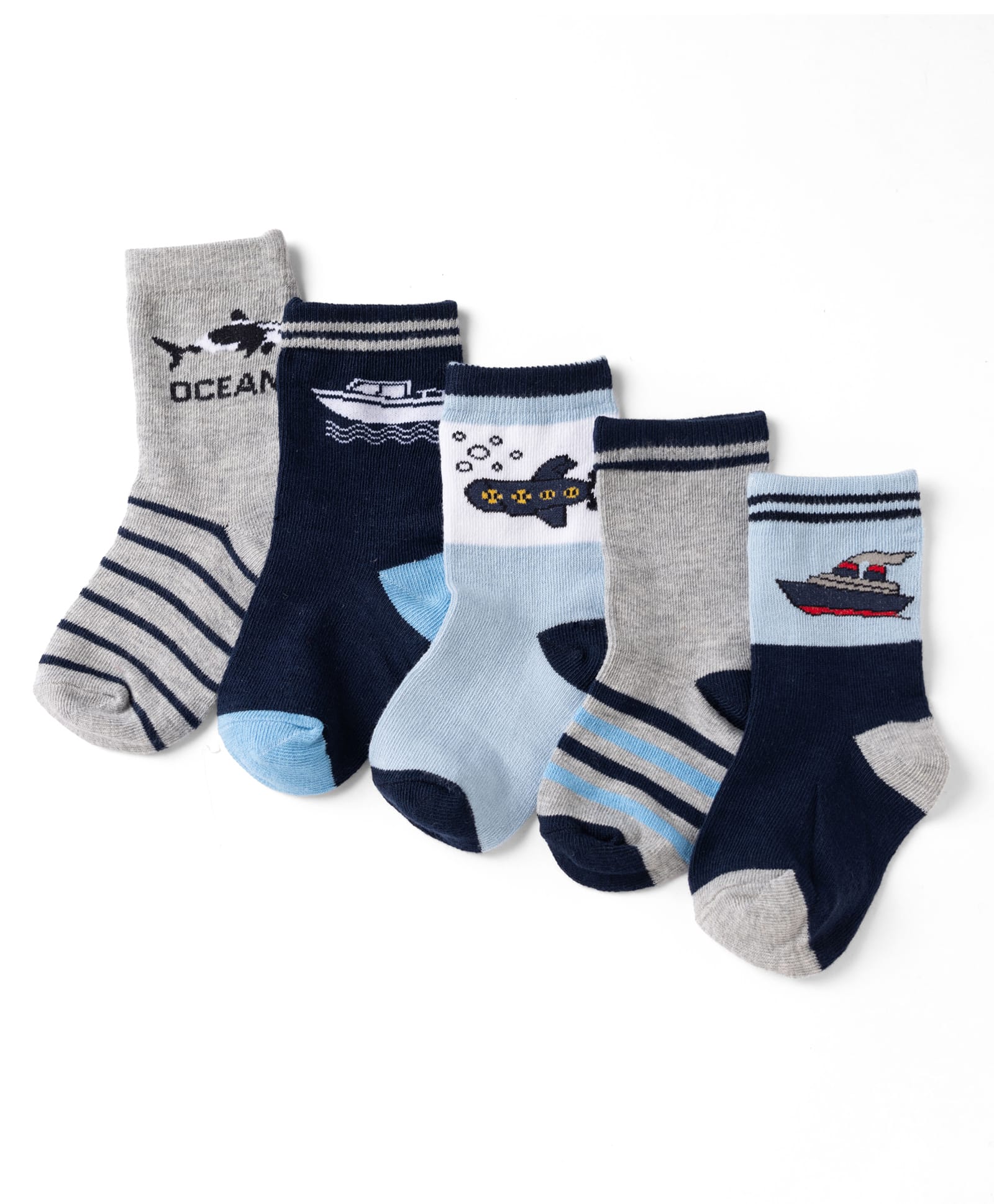 Cute Walk By Babyhug Knit Anti-Bacterial Ankle Length Striped Socks With Vehicle & Ocean Design Pack of 5 - Grey, Black & Light Blue-picture-24