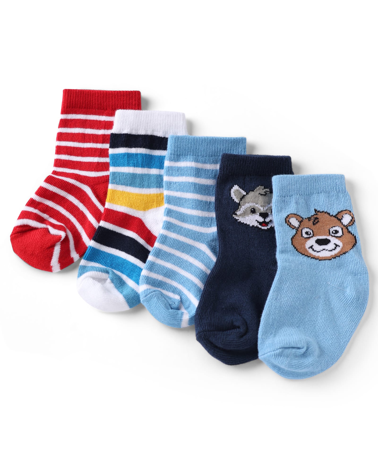 Cute Walk by Babyhug Knit Anti-Bacterial Ankle Length Striped Socks With Animal Design Pack of 5 - Red, Black & Light Blue-image-43