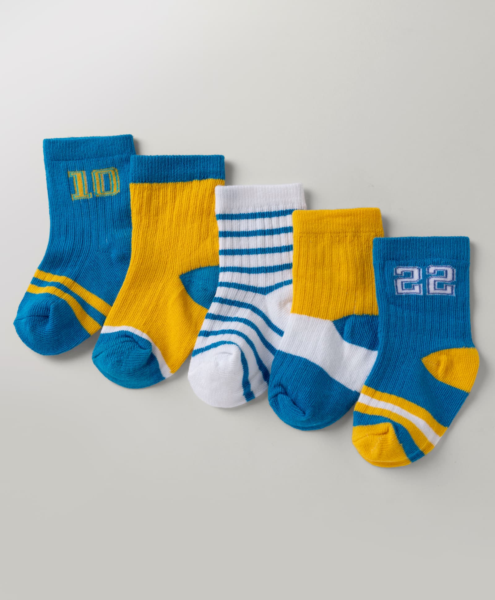 Cute Walk By Babyhug Poly Blends Knit Anti Bacterial Ankle Length Embroided Striped Socks Pack of 5 - Yellow, Blue & White-image-27