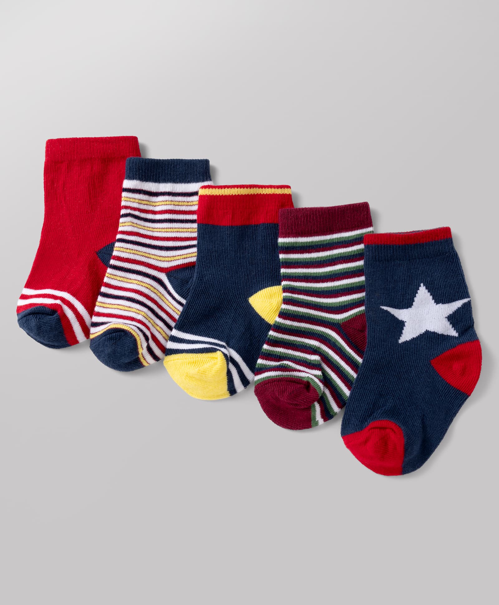 Cute Walk By Babyhug Poly Blends Knit Anti Bacterial Ankle Length Striped Socks With Star Desgin Pack of 5 - Red, Navy Blue & White-image-44