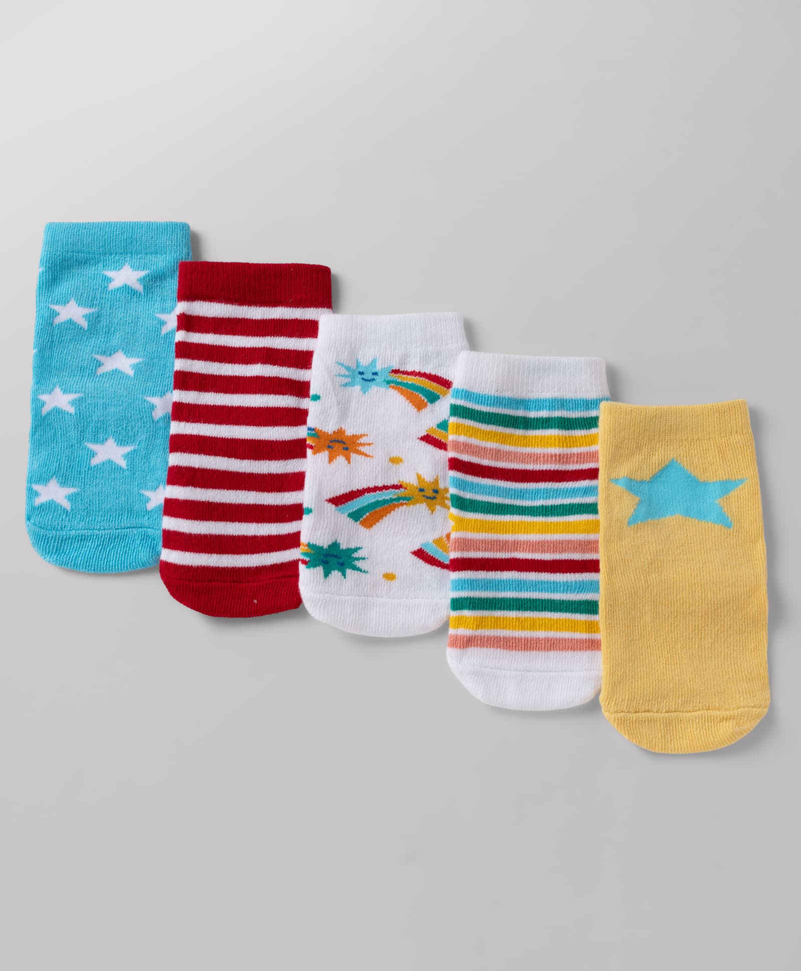 Cute Walk By Babyhug Poly Blends Knit Anti Bacterial Ankle Length Striped Socks With Star & Rainbow Design Pack of 5 - Red, Yellow & White-image-45