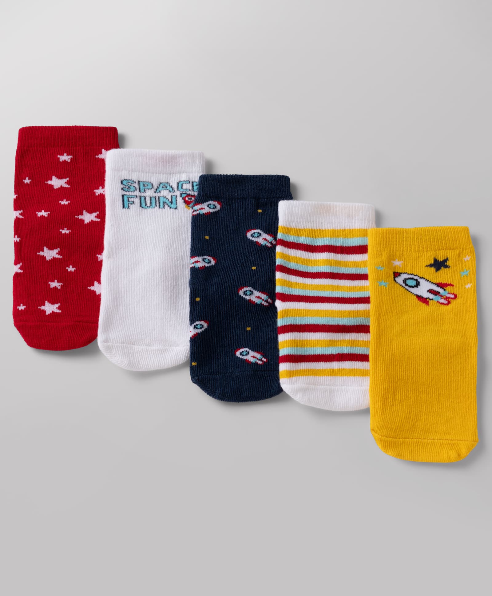 Cute Walk By Babyhug Anti-Bacterial Ankle Length Striped Socks with Space & Text Design Pack of 5 - Red White Black Yellow-image-44