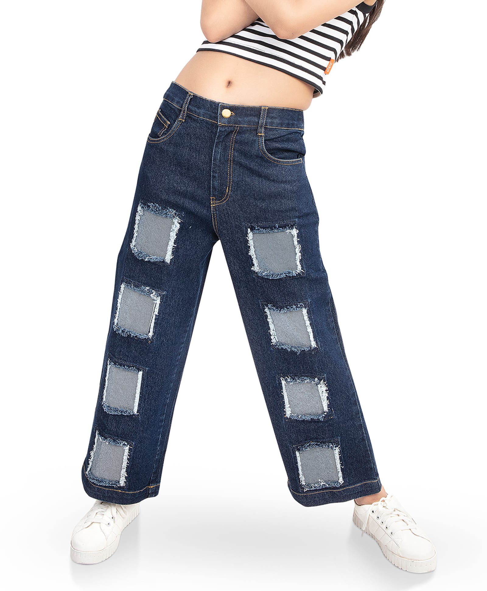 Olele Denim Woven Patch Work Distressed Jeans - Blue-picture-22