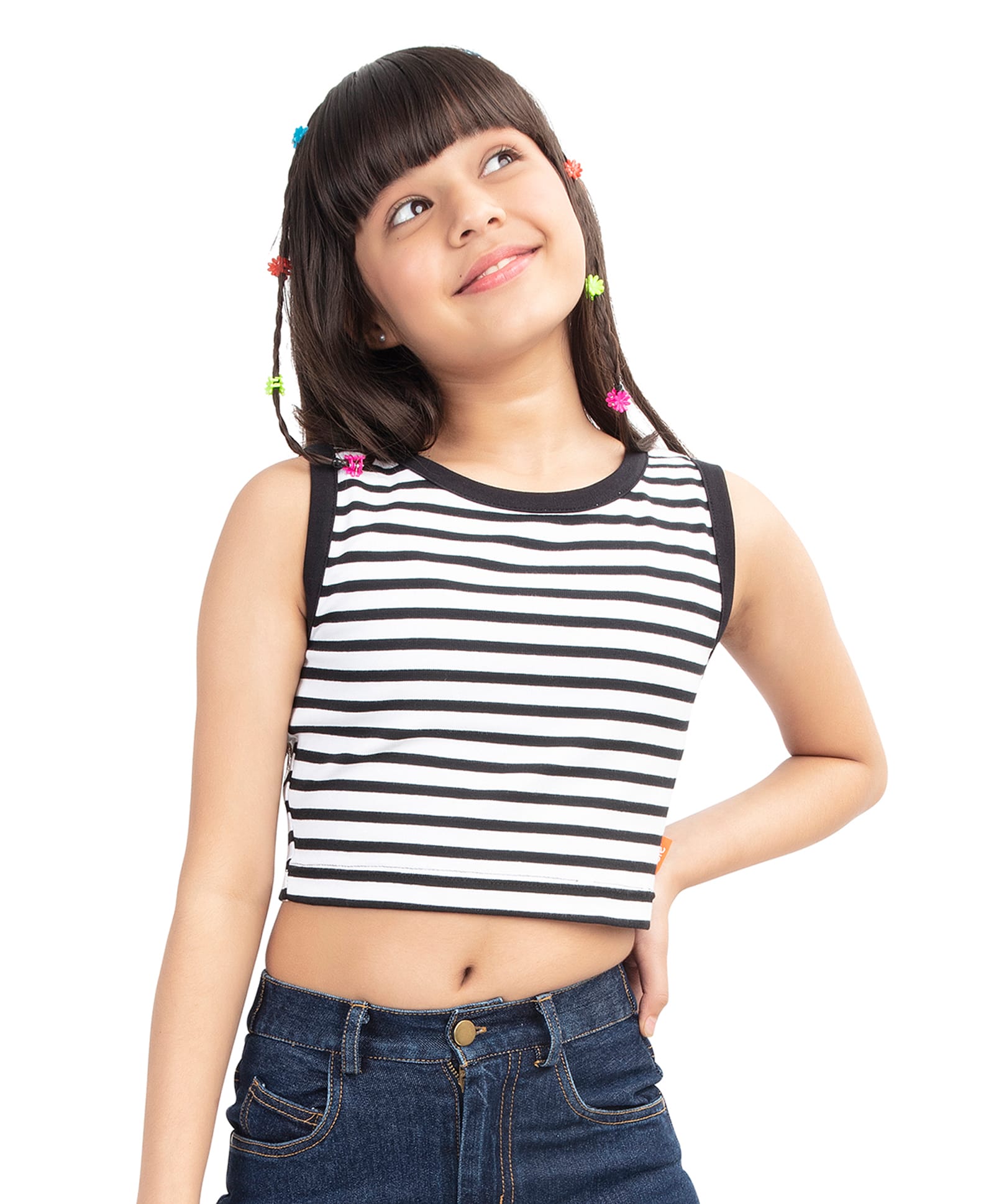 Olele Cotton Rib Knit Sleeveless Striped Crop Top - Black-image-20