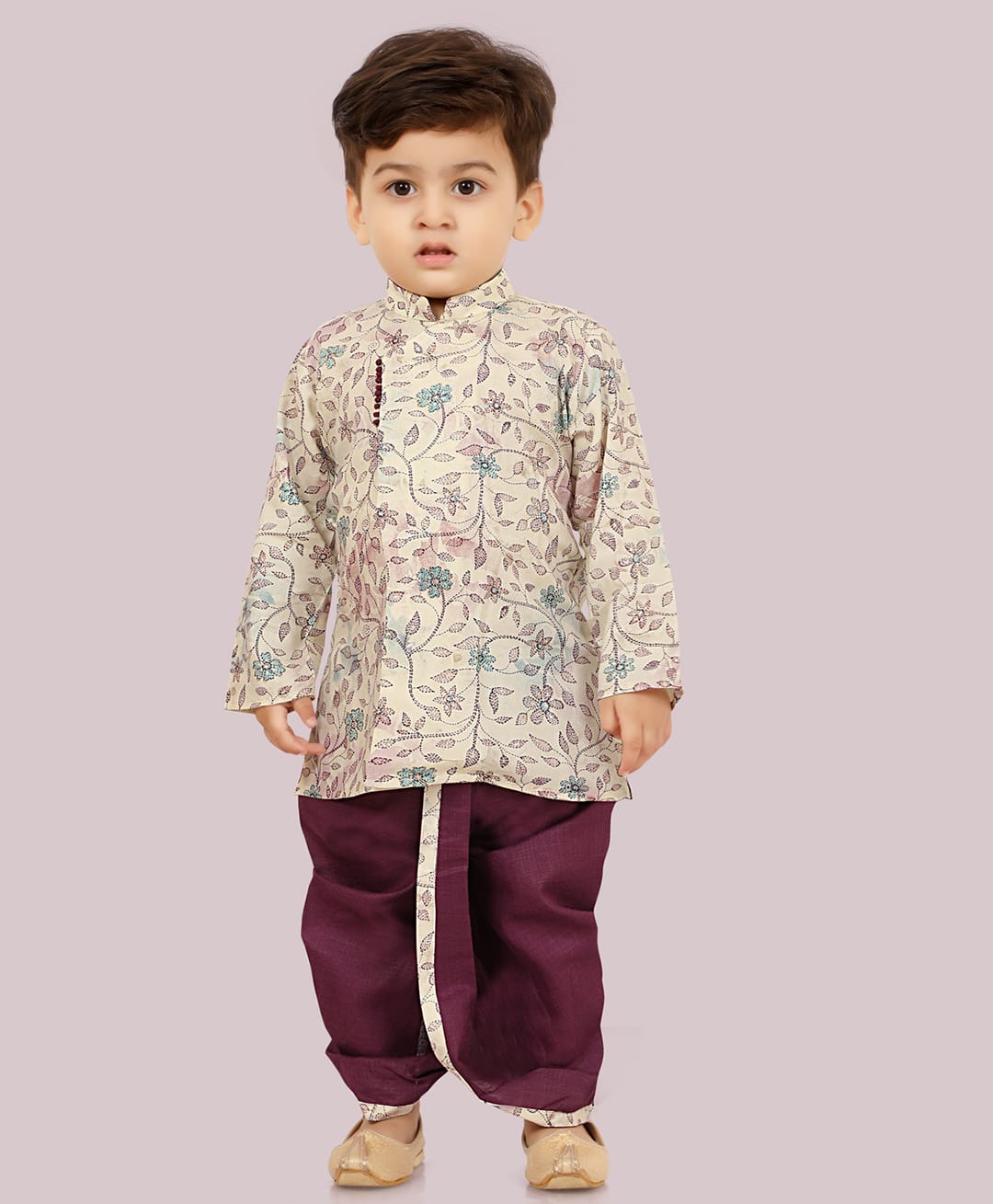 ETHNIKS NEURON Silk Woven Full Sleeves Floral Printed Dhoti Kurta Set - Violet-image-3