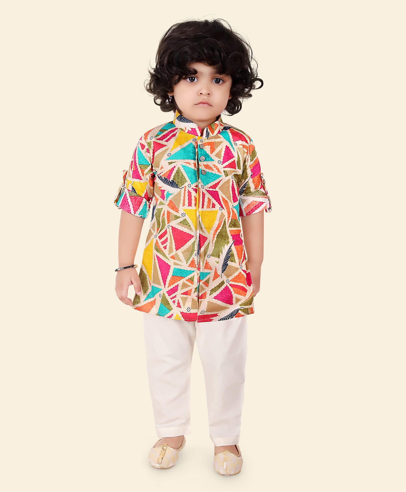 ETHNIKS NEURON Silk Woven Half Sleeves Abstract Printed Kurta Pyjama Set - Multi Colour-image-19